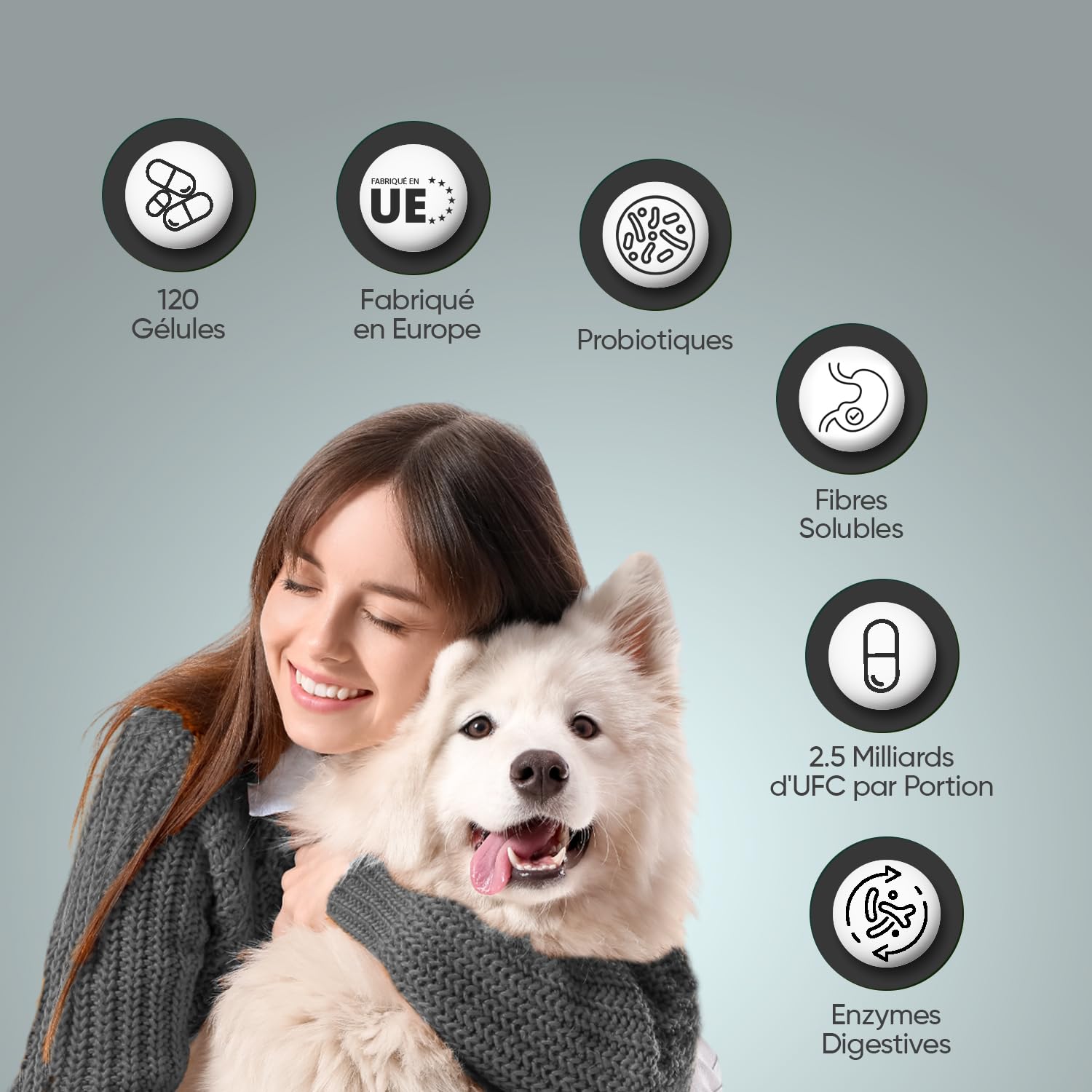 Probiotique Chien, 120 Gélules - 2,5 Milliards d'UFC par Portion, avec Ingrédients Naturels, Enzymes digestives et Probiotiques Chien - Fibres Solubles, 95% de Fructanes (FOS)