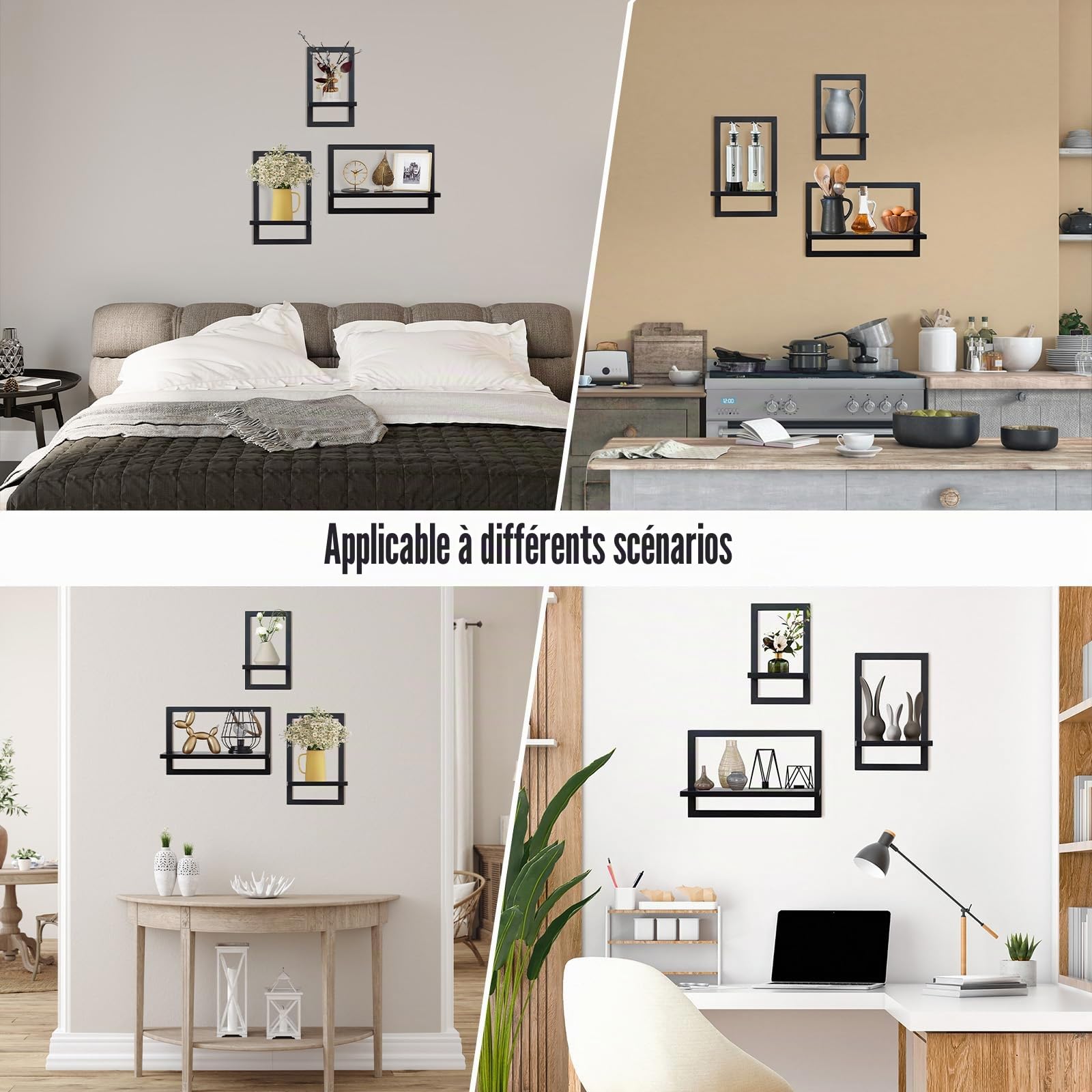 Lot de 3 étagères murales flottantes pour Mur, étagères suspendues pour Rangement Mural, étagère Murale carrée, étagères murales pour Salle de Bain, Salon, Noir