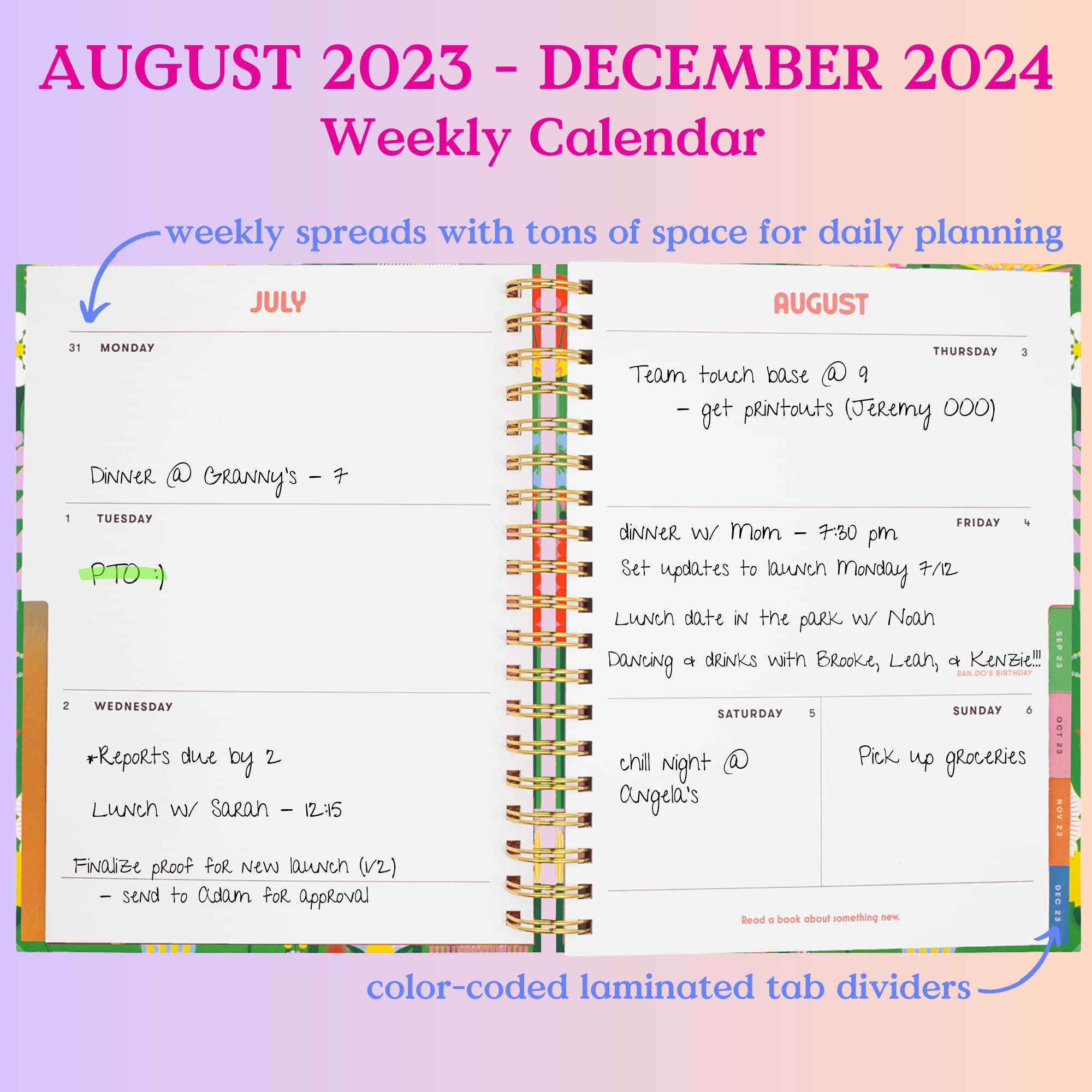 ban.do Agenda giornaliera 2023-2024, diario settimanale medio datato agosto 2023 - dicembre 2024, diario con copertina rigida, agenda a spirale con calendario mensile, adesivi e tasche, per fare magia