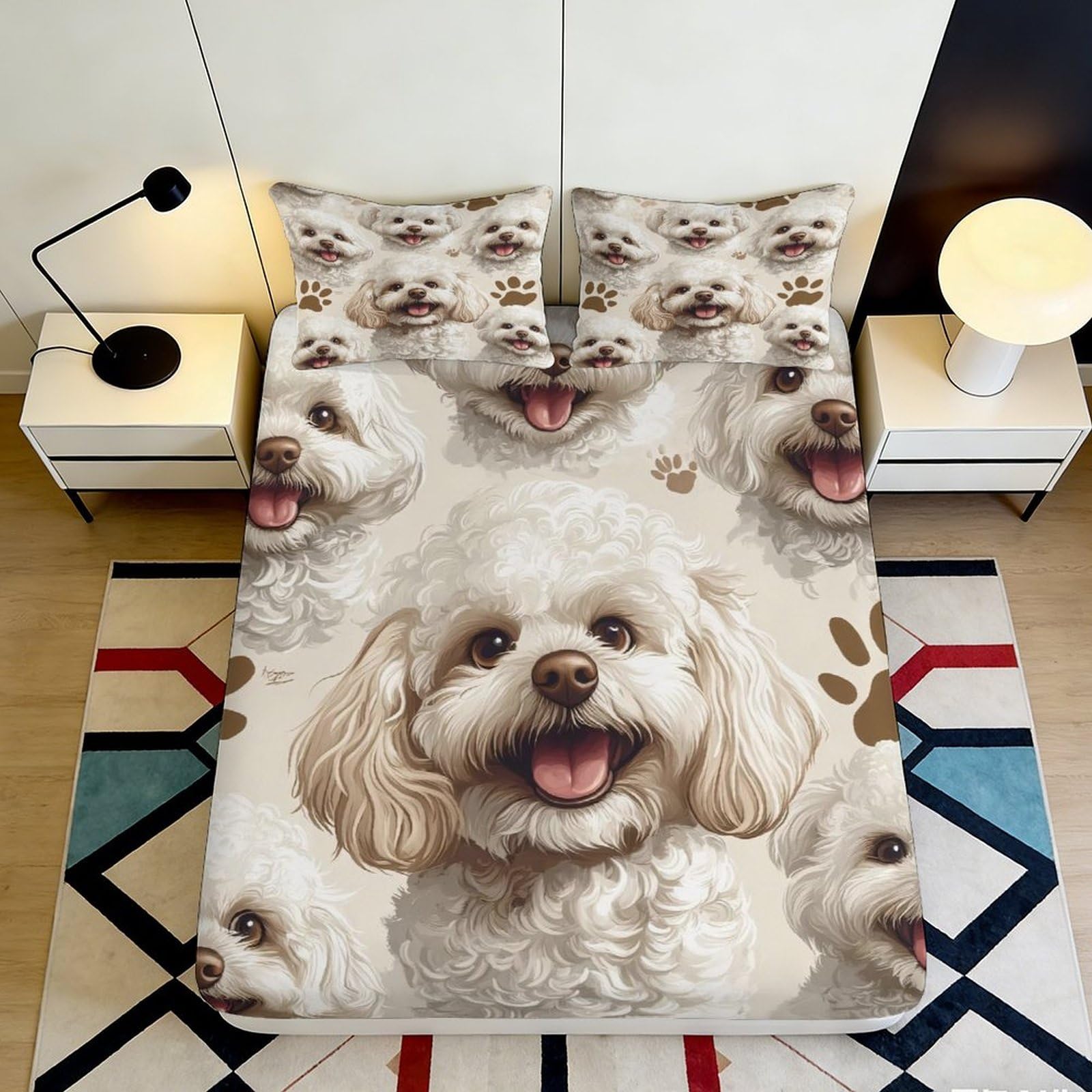 3D Printed White Poodle Fitted Sheet Microfiber Soft Anti-Slip Dog Paw Bed Cover for Bedroom Guest Room Decor 90x200x25cm