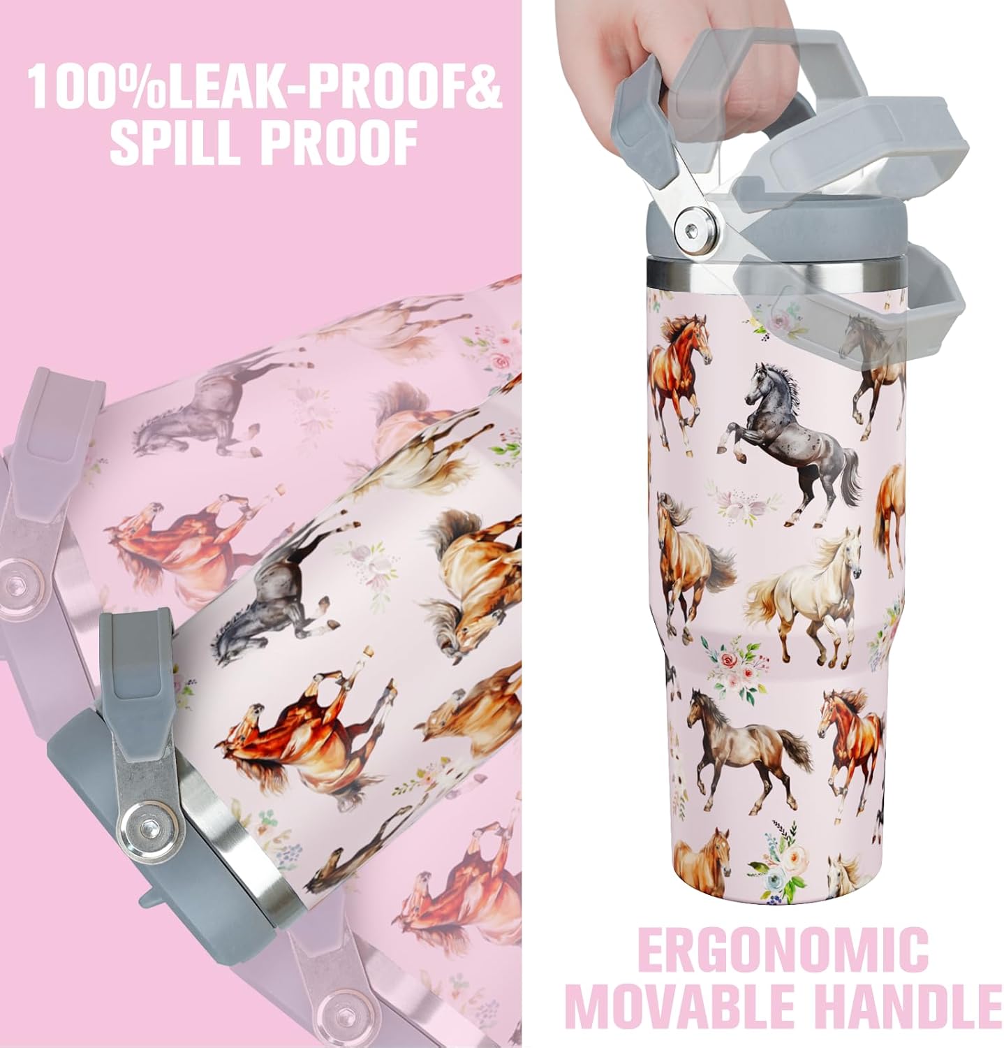 30 oz Horse Tumbler With Handle and Straw Insulated Water Bottle Mugs Cup Gifts for Horse Lovers - Image 2