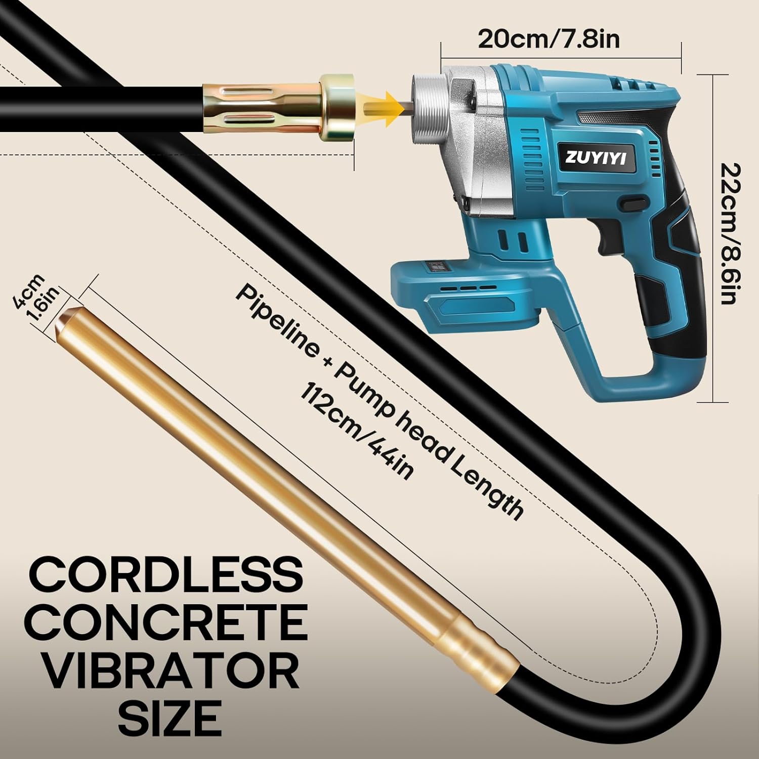Cordless Concrete Vibrator for Makita 18V Battery, 600W 6000RPM Handheld Concrete Vibrator, 3.9ft Shaft Rod, Handheld Power Cement Vibrating Tool for Remove Bubble Mix Concrete(Bare Tool)
