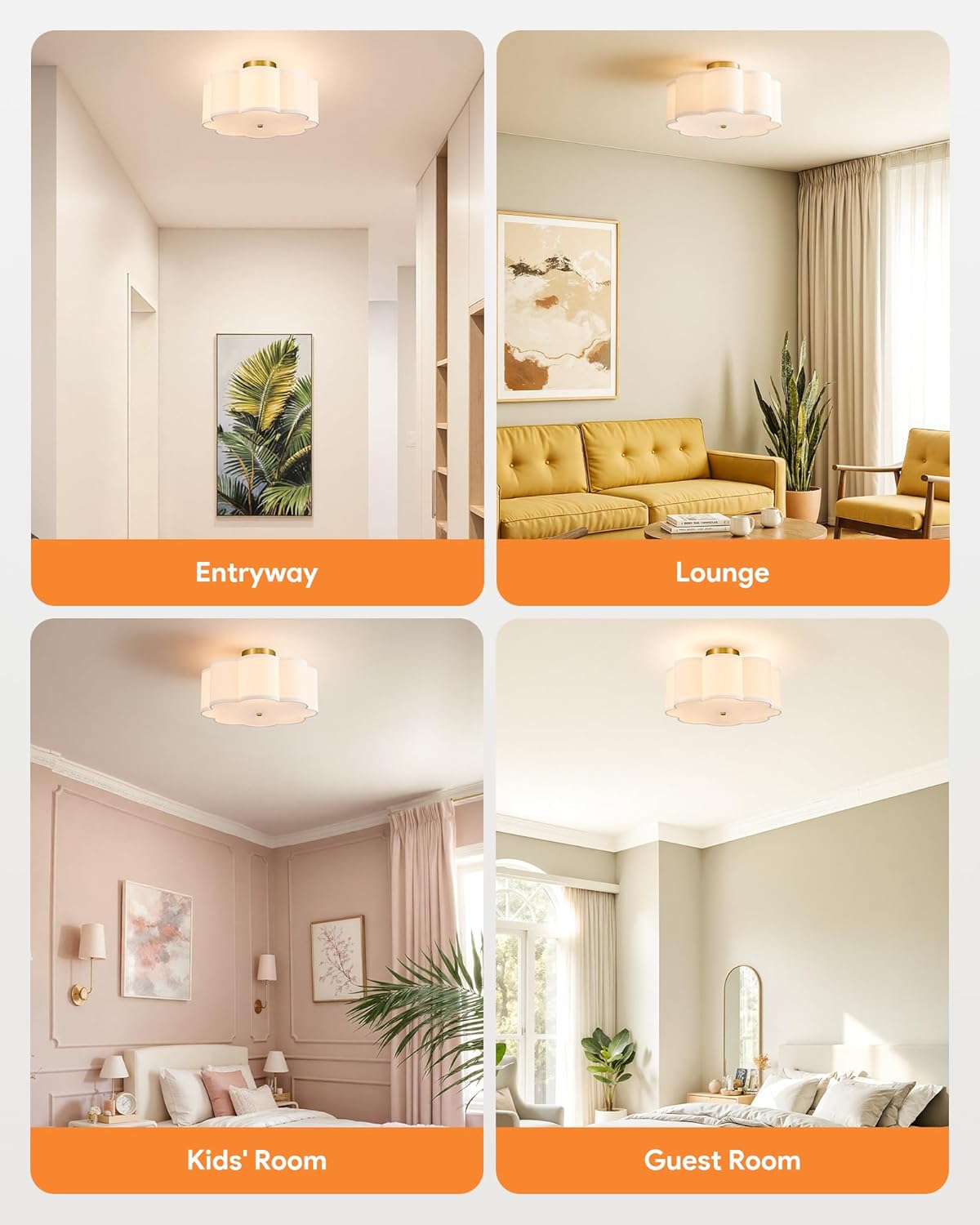 VONLUCE Semi-Flush Mount Ceiling Light, 15.7" Modern 3-Light Ceiling Light Fixture with White Petal-Shaped Shade 3 E26 Sockets for Bedroom Entryway Living Room, Gold Finish, ETL Certificated