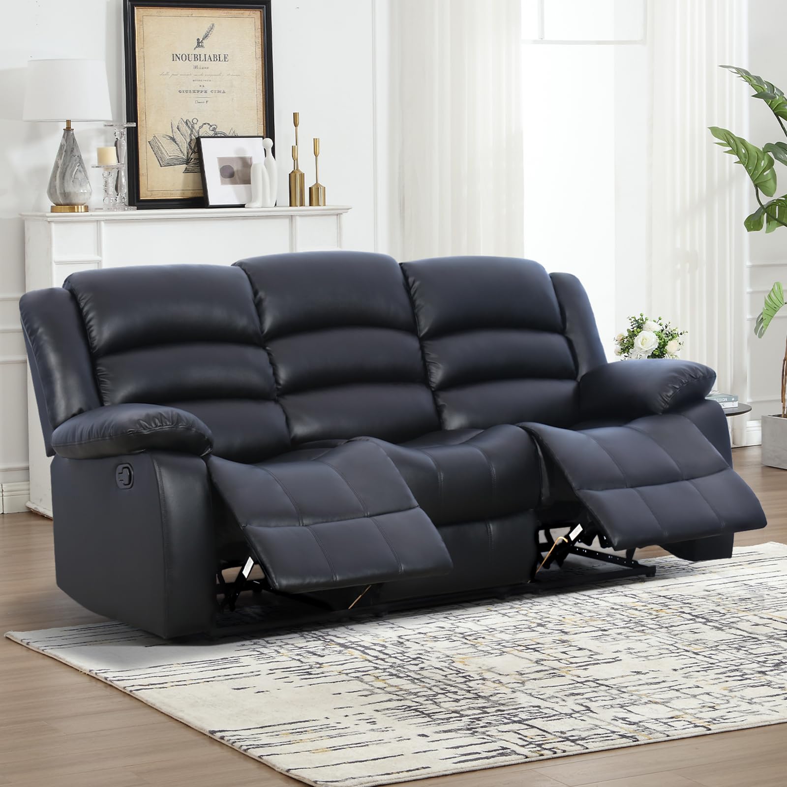 EBELLO 3 Seat Recliner Sofa for Living Room, Faux Leather Reclining Couch with Overstuffed Arms and Backrest for Home and Office, Black view 6