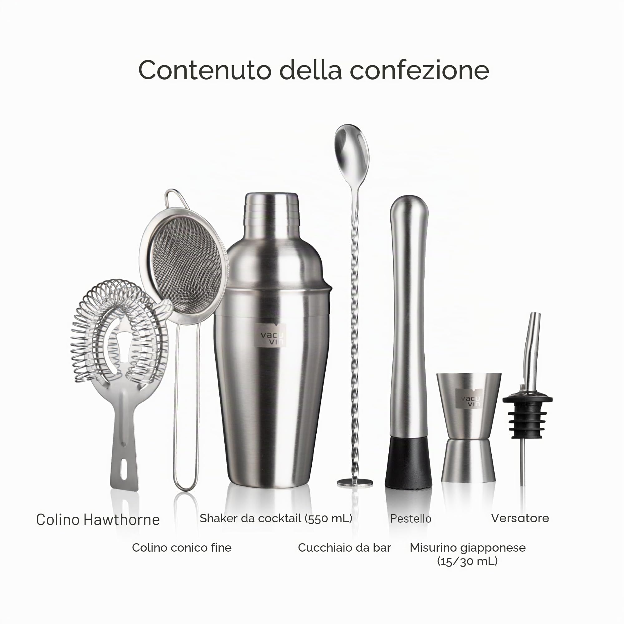 Vacu Vin Set da cocktail Plus – Kit da barista con strumenti in acciaio inox – Include shaker, misurino, pestello, colino, versatore, setaccio e cucchiaio da bar – Lavabile in lavastoviglie