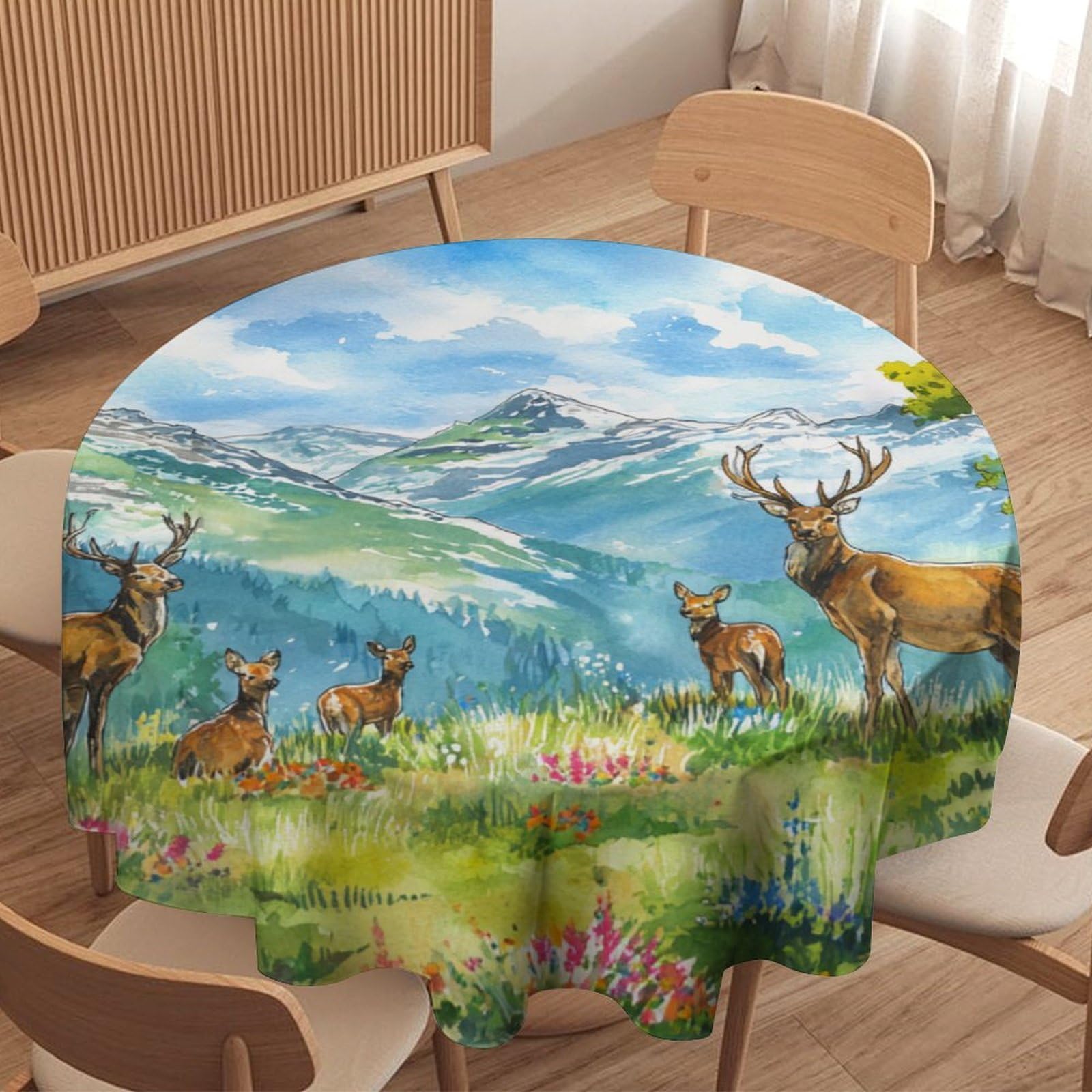 LUYYSKY Modern Rustic Wildlife Elk Waterproof Round Tablecloth Abstract Aesthetic Spring Mountains Plants Flowers Animals Deer Patter Washable Table Cover for Kitchen-127 Wx127 L cm