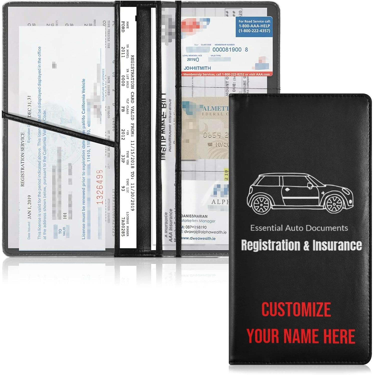 Custom Car Registration and Insurance Card Holder Personalized Leather Glove Box Organize Men Women Wallet Accessories Case for Cards, Essential Document Driver License Black