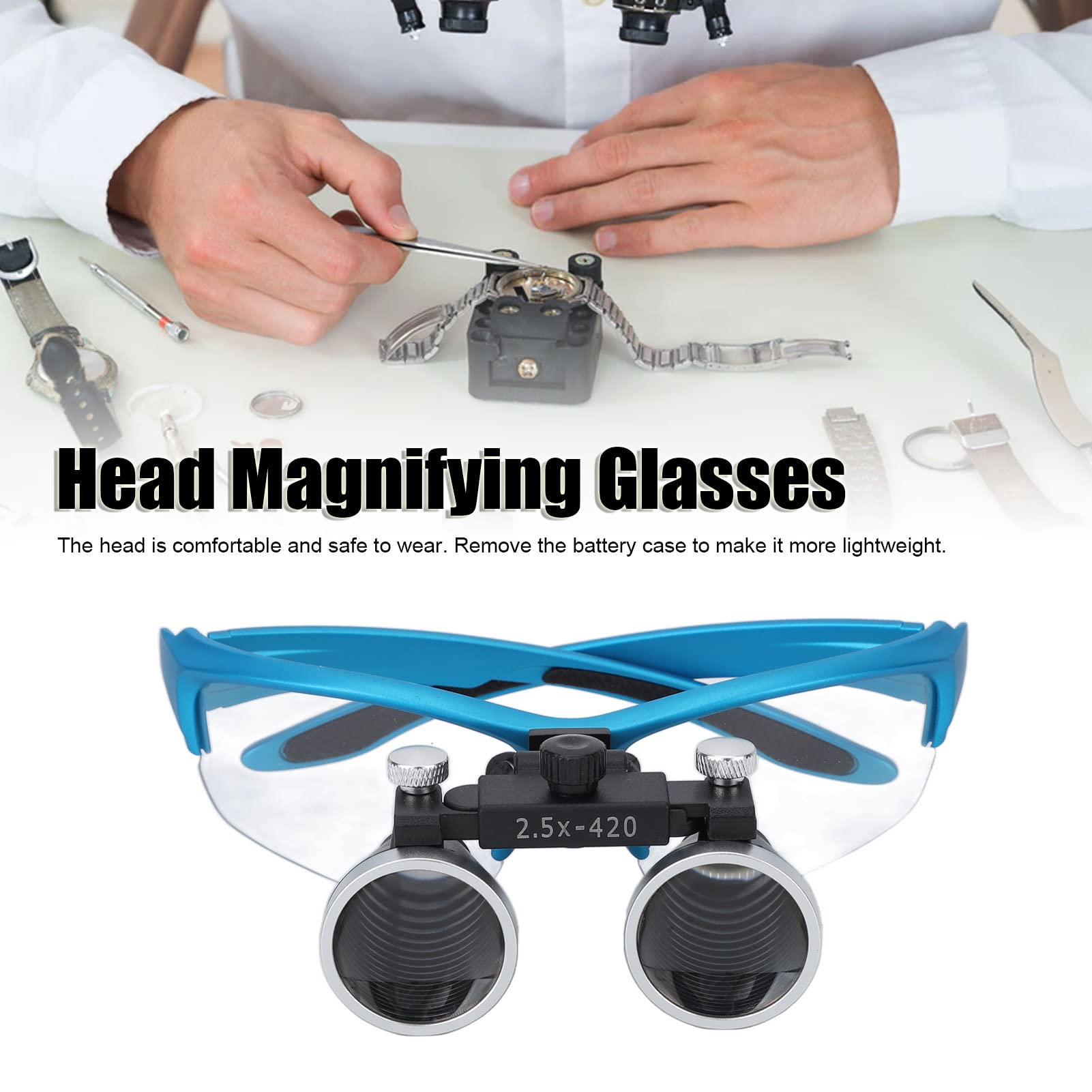 Brrnoo Loupes à Tête éclairée, Loupes Chirurgicales Dentaires Loupes 2,5X, Distance Optionnelle Loupe De Tête, Loupe De Réparation De Montre, Vernis terne Bleu