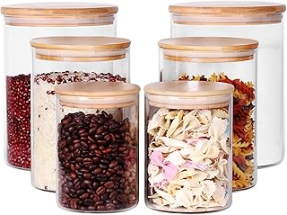 Tzerotone Glass flour Jars with Airtight Lids, 6 Pack Sugar and Flour Salt Containers Set, Extra Large Glass Rice Jar with Bamboo lid for Kitchen, Brown Suger, Beans, Groub Coffee (100OZ/54OZ/27OZ)