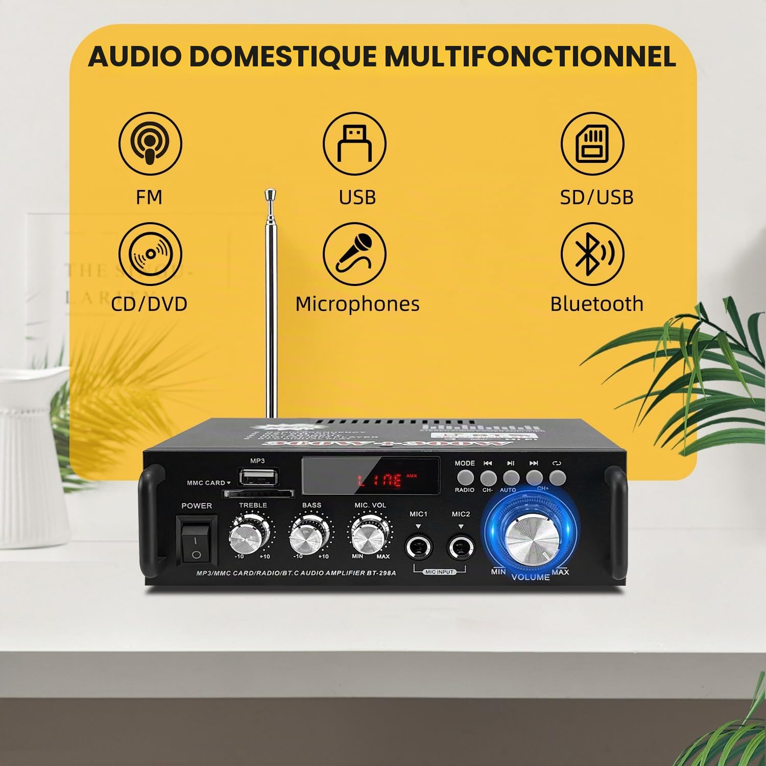 Amplificateur de puissance Bluetooth 5.0, 300 W + 300 W | Stereo Hi-Fi Digital Amp 2.0 Channel avec entrée USB/Bluetooth/FM, Mini Récepteur audio 12V / 220V pour Voiture et Maison