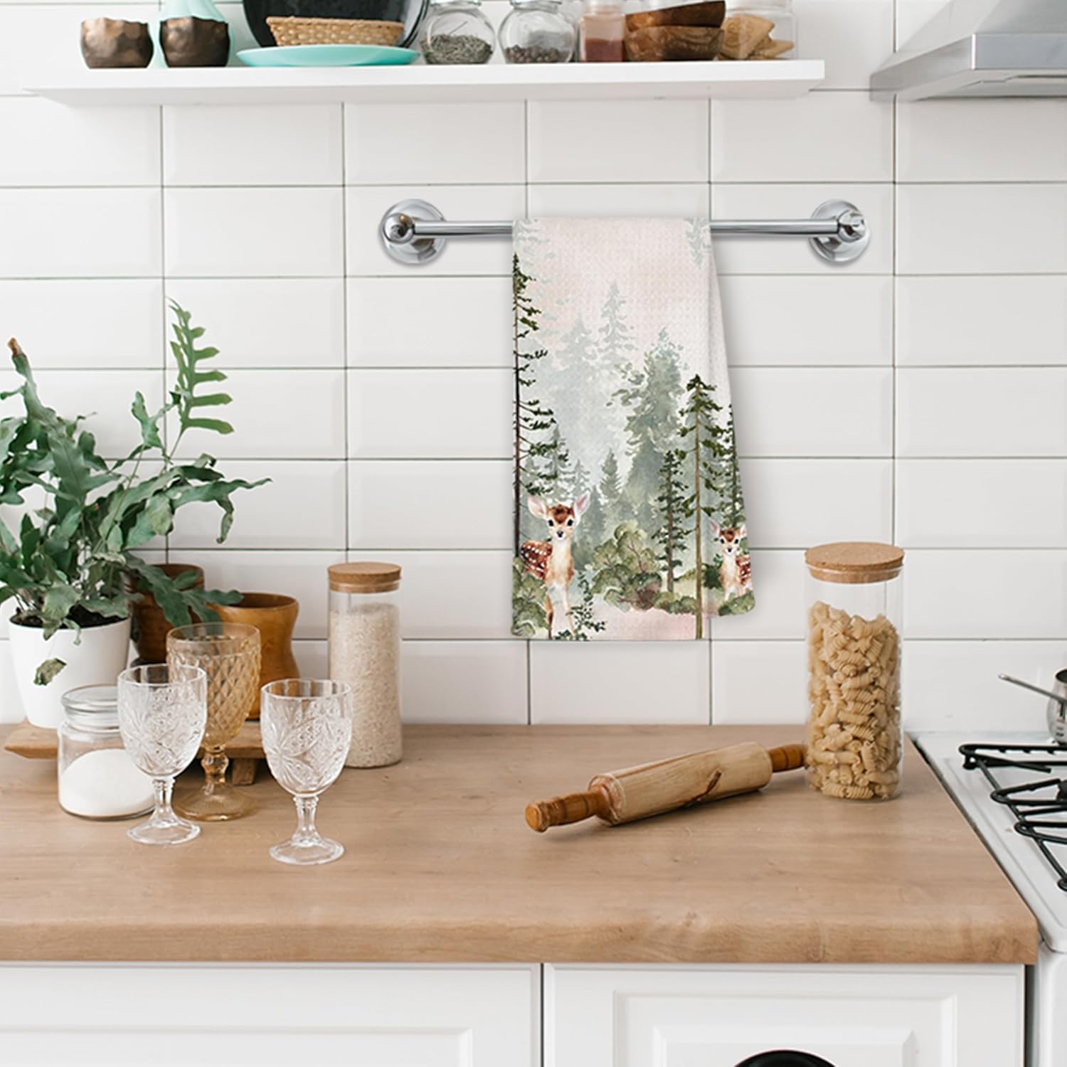 Watercolor Forest Kitchen Towels, Green Woodland Hand Towels for Bathroom Kitchen, Misty Pine Tree Woods Deer Wild Animal Decorative Dish Towels Drying Cloth, 16x24 Inch - Image 4