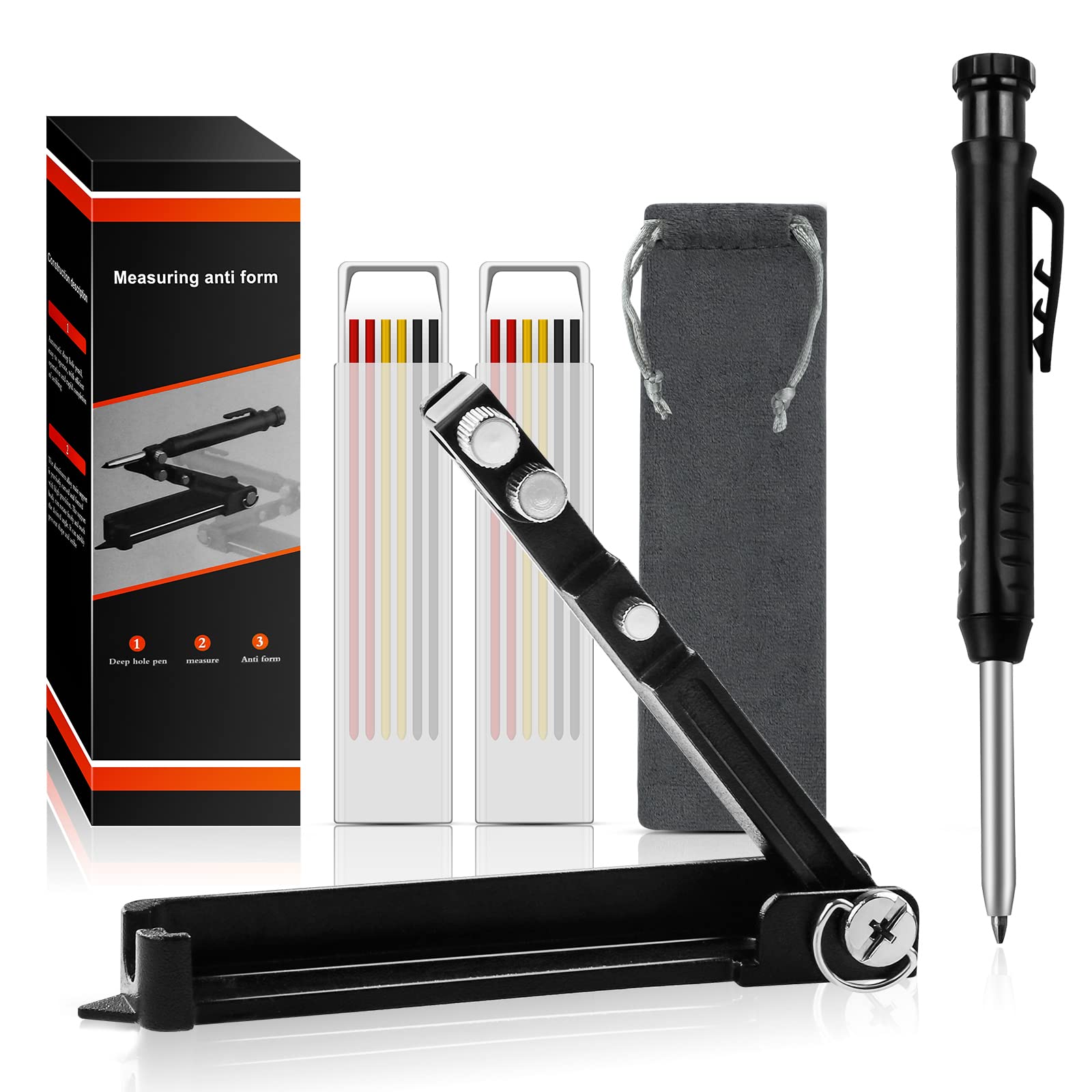 Multi-Function Scribing Tool Kit, OBOVO Woodworking Scribe Tool with Deep Hole Tracer Pencil, 3 Color Marker Refills and Storage Bag for Construction Drafting Architect