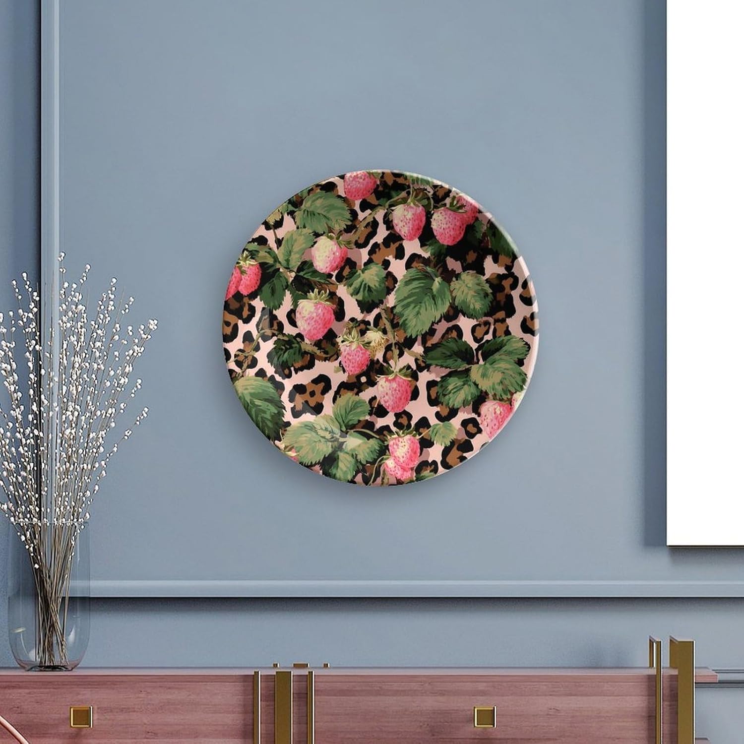 Leopard Print Strawberries Leaves Decorative Plates for Display Ceramic Plate Tray with Stand Hanger Home Decor