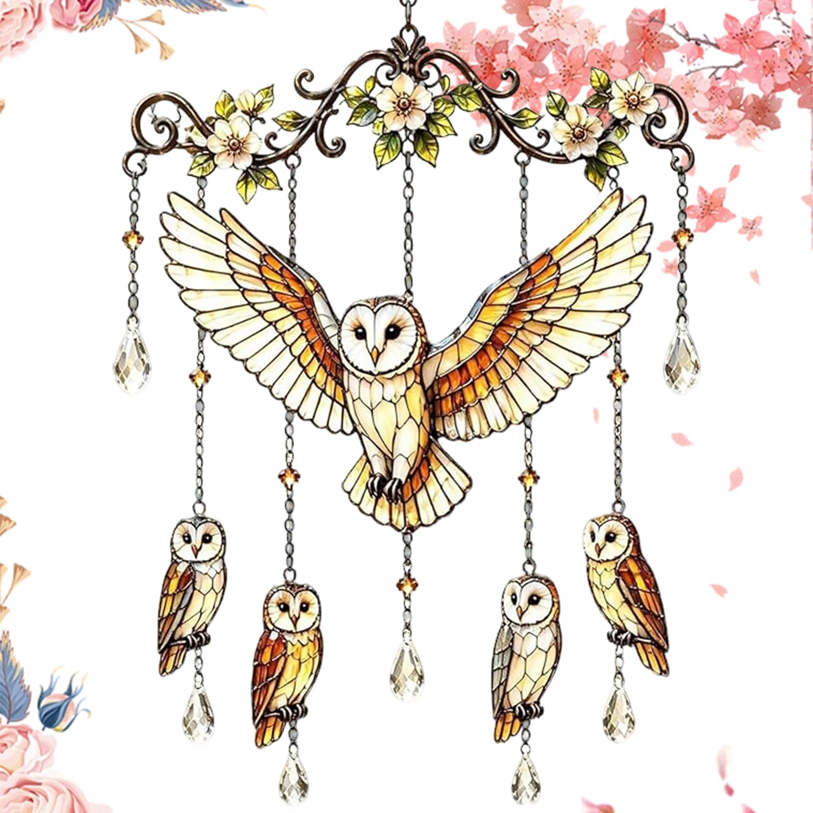 Graceful Hummingbird Wind Chime, Stained Glass & Crystal Sun Catcher Windchime, Colorful Bird Yard Decorations Outdoor, Memorial Gardening Gift for Women Mom Grandma (Barn Owl)