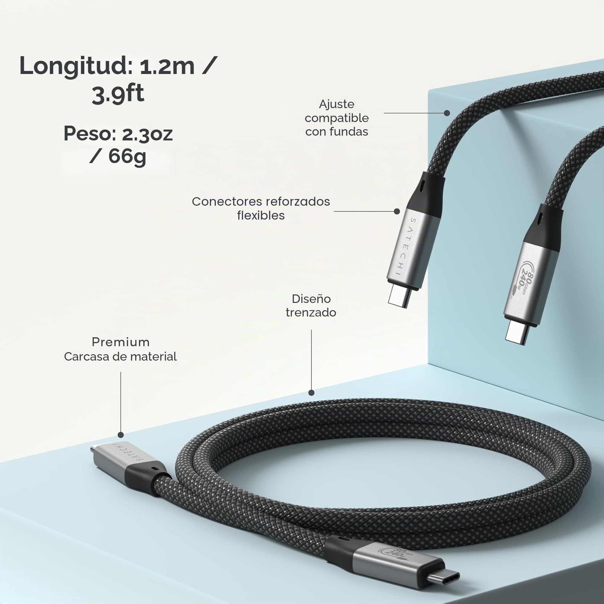 SATECHI Cable USB4 V2 Pro de Carga Rápida PD 240 W con Longitud de 1,2 m, Datos 120 Gbps, USB-C a USB-C, Resolución 8K@60Hz - 4K@120Hz, Thunderbolt 5/4/3 para MacBook Air/Pro/Neo y más