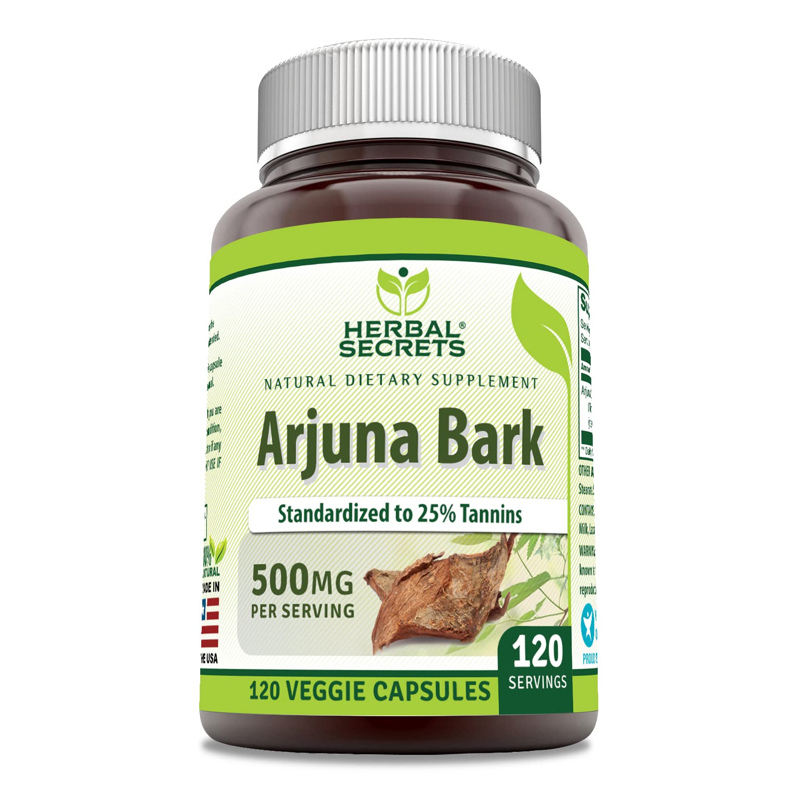 Herbal Secrets Arjuna Bark Extract Supplement | 500 Mg | 120 Veggie Capsules | Non-GMO | Gluten Free | Made in USA
