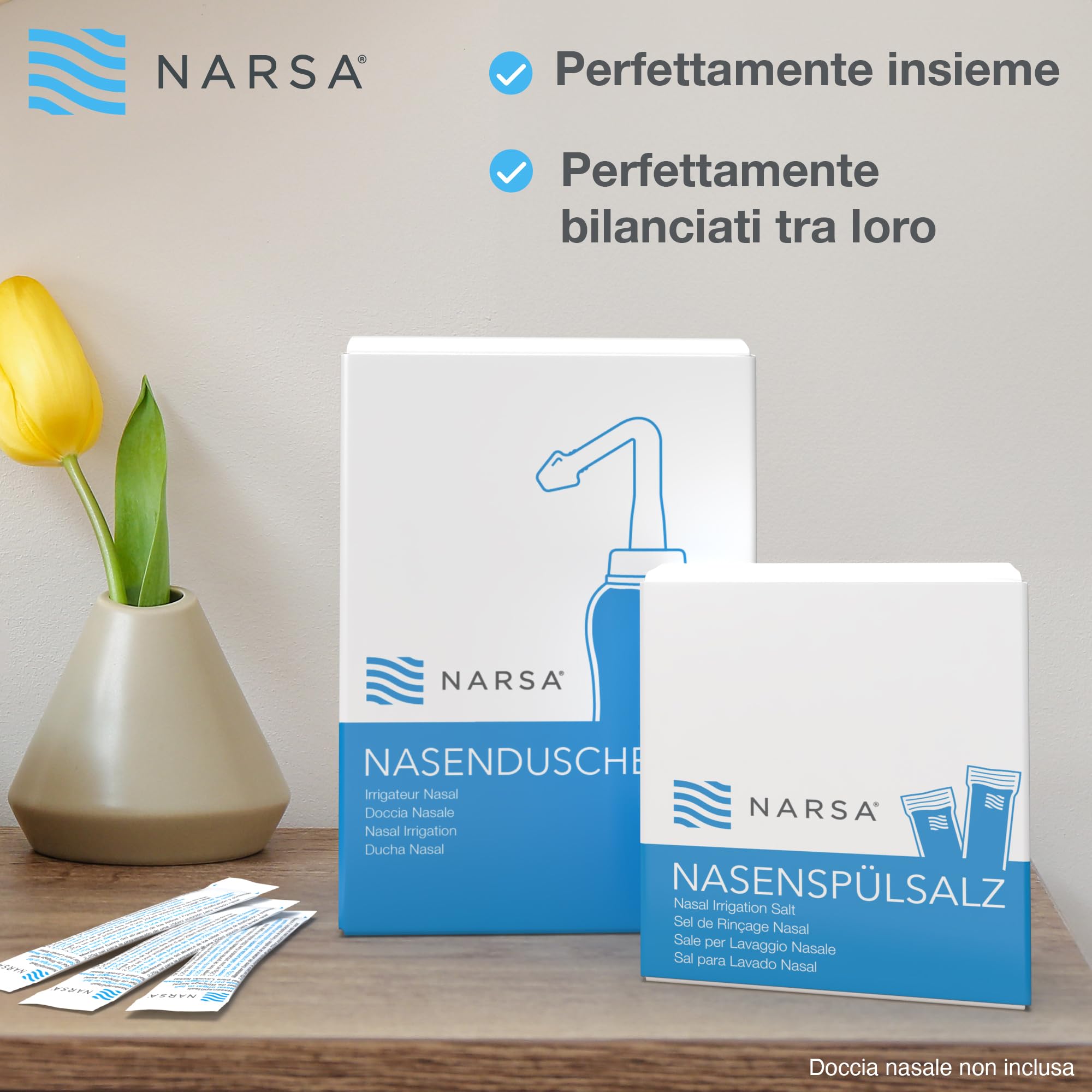 NARSA Doccia Nasale con 30 x Sale ∙ Lavaggio Nasale Adulti e Bambini ∙ Vasetto da Pulizia Nasale Premium