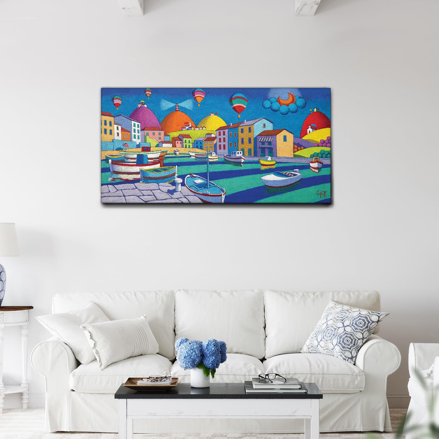 Giallobus - Quadro - Stefano Calisti - Mare barche mongolfiere - Tela Canvas Telaio Standard - 140x70 - Pronto da appendere - Quadri moderni per la casa