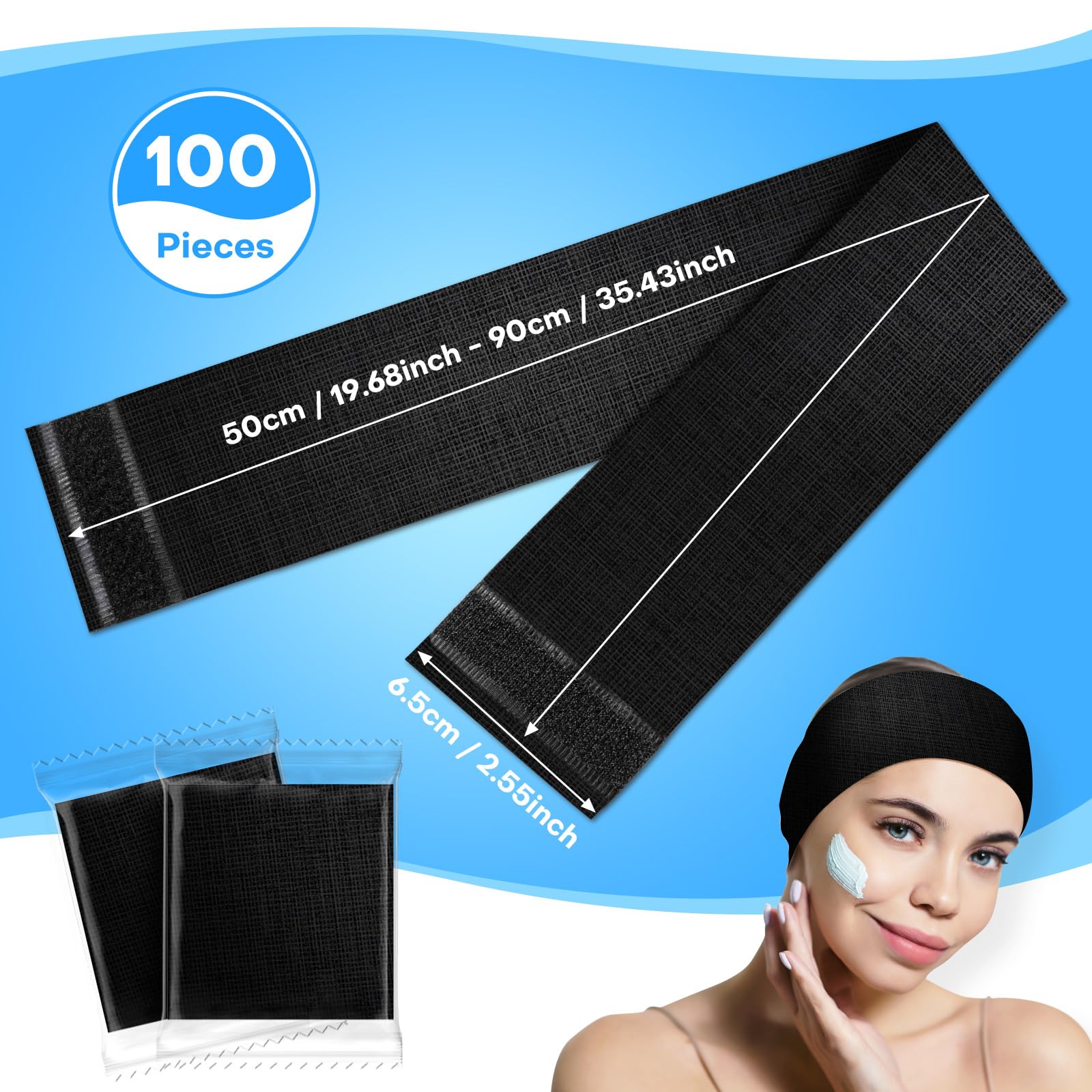 Noverlife 100 diademas desechables, diademas elásticas de spa con cinta mágica ajustable, bandas de pelo esteticista de tela no tejida para el cuidado de la piel facial, maquillaje, envolturas suaves