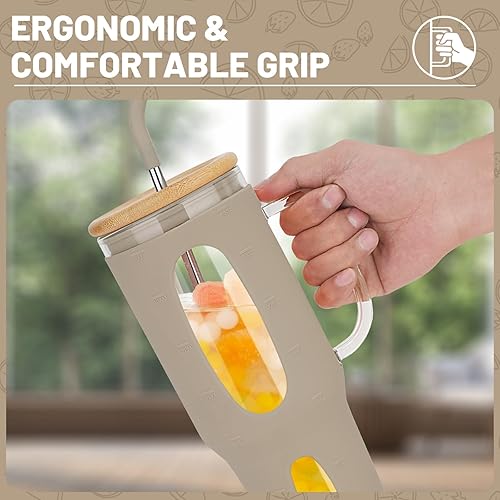 Miniatura 5 de Vaso de vidrio de 50 onzas con popote y tapa, vaso de vidrio reutilizable con asa, taza de café helado con tapa de bambú, botellas de agua de vidrio