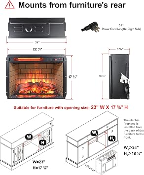 23 Electric Fireplace Insert, Realistic Resin Log, Brick Wall, Fireplace Heater with Remote/Timer, Adjustable 4 Flame Brightness, Overheating Protection,1500W (22 15/16W x 17 5/8H)