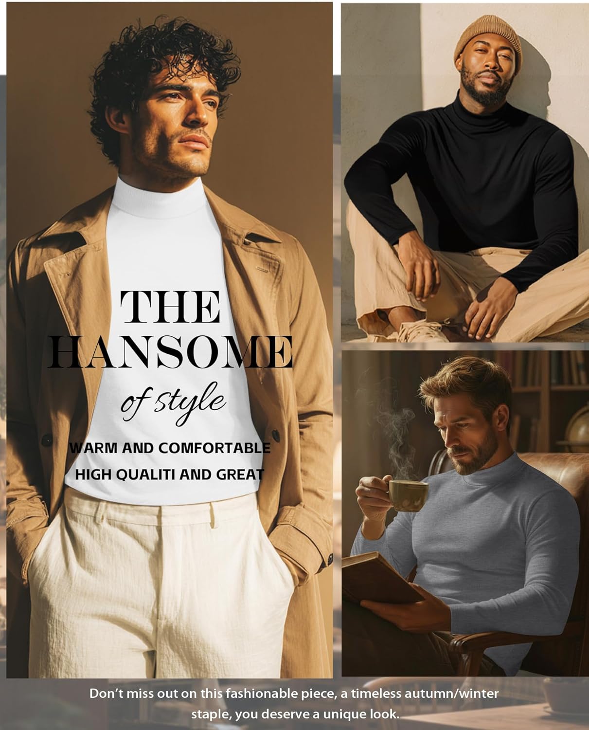 5 Pack Men's Mock Turtleneck Shirts, Long Sleeve Tops Pullover Basic Casual Slim Fit Lightweight T-Shirts Pack - Image 6