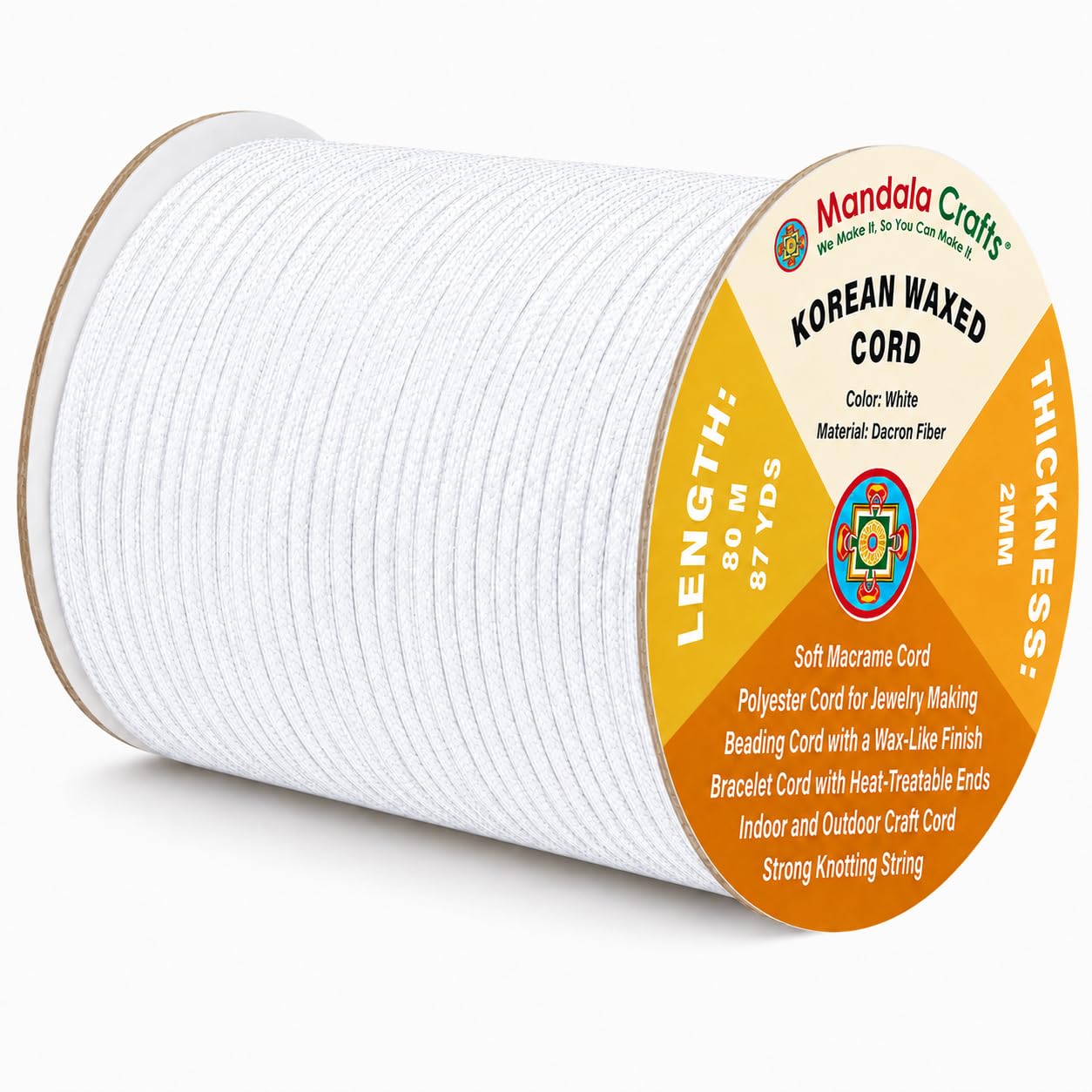 Mandala Crafts Korean Waxed Cord 2mm White 87 Yards for Jewelry Making, Bracelet Necklace Knotting Cord for Macrame and Beading, Polyester Waxed String Thread