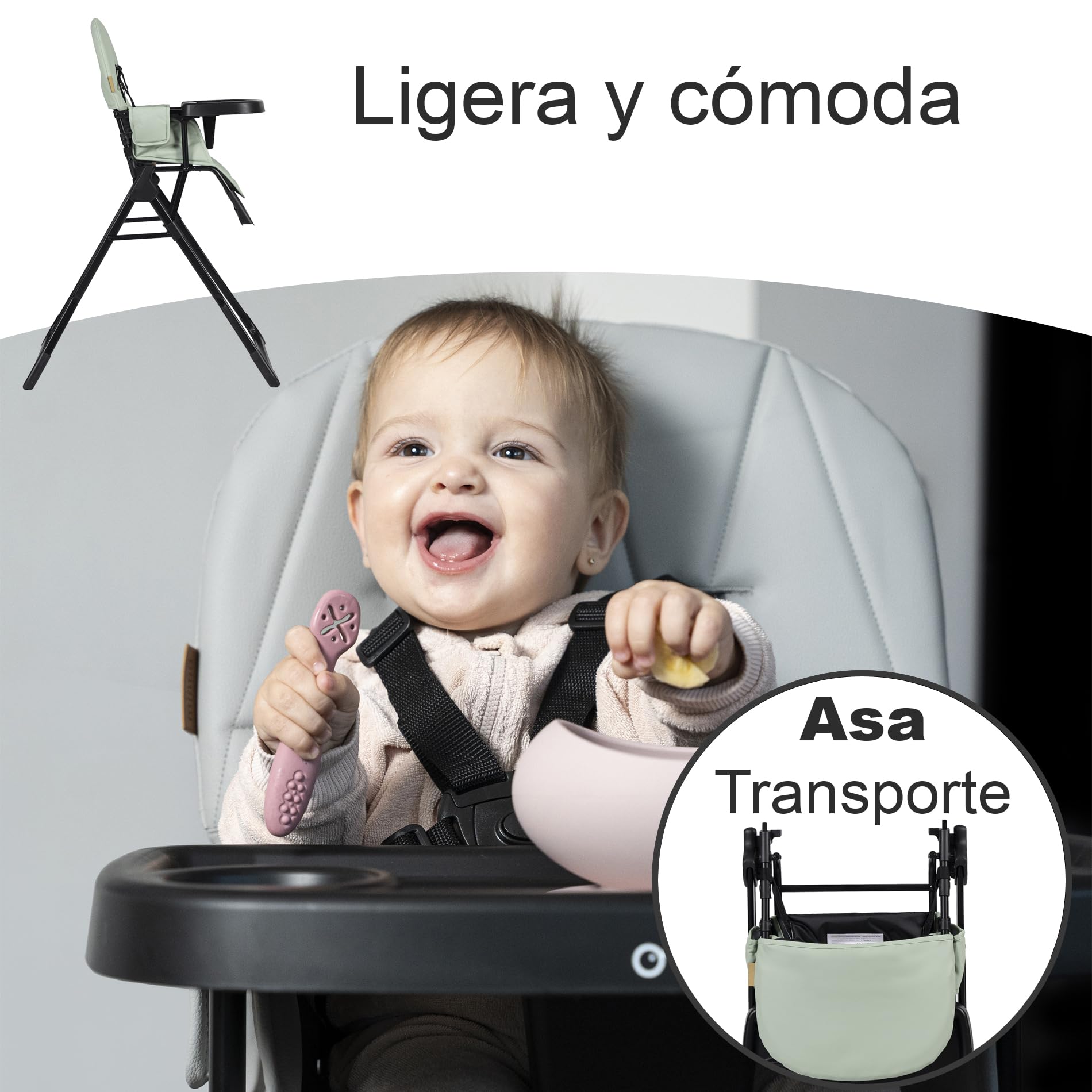 Olmitos – Trona para Bebé Plegable Ligera y Ultracompacta MINNA – Trona portátil de viaje 4.9kg ergonómica con Funda Acolchada de 6 meses a 3 años - reposapiés ajustable y Arnés 5 Puntos, Verde