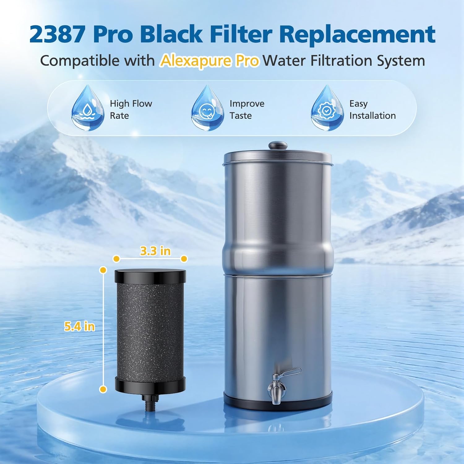 2387 Pro Filter Replacement, NSF Certified for Alexapure 2387 Pro Water Filter, 5,000 Gallon Throughput Capacity Compatible with Alexapure Pro Water Filtration System, 2 Pack Black