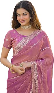 Satrani Women's Shimmer Chiffon Scalloped Border Sequins Embroidery Saree with Unstitched Blouse Piece Price In India