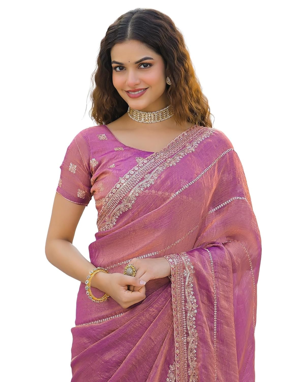 Satrani Women's Shimmer Chiffon Scalloped Border Sequins Embroidery Saree with Unstitched Blouse Piece - Review, Price and Buying Guide
