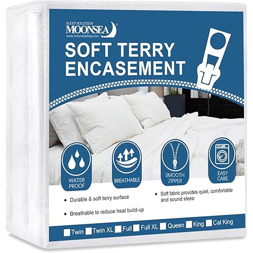 Moonsea Queen Mattress Protector Zippered (10/11/12/13/14 Inchs), Soft Terry Surface Mattress Encasement, 6-Side Waterproof Mattress Cover for Kids, Well Zipper, Noiseless, for Queen Mattress 60 * 80