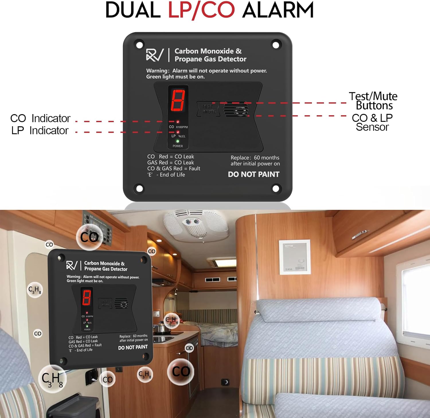 RV Carbon Monoxide and Propane Detector, R503 Dual LP/CO Gas Alarm,Compatible Replacement for Old #31011,100dB Loud Alarm Hardwired 12V DC (Flush Mount-Black)
