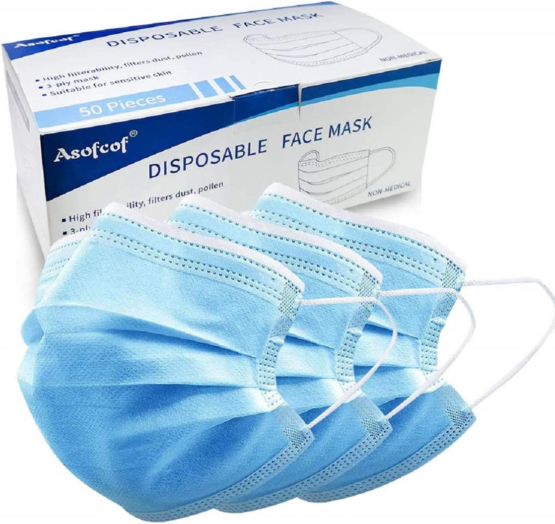 Asofcof 50PCS Disposable Face 3 Layer Anti-Dust Earloops Protective Cover Mask(Blue)