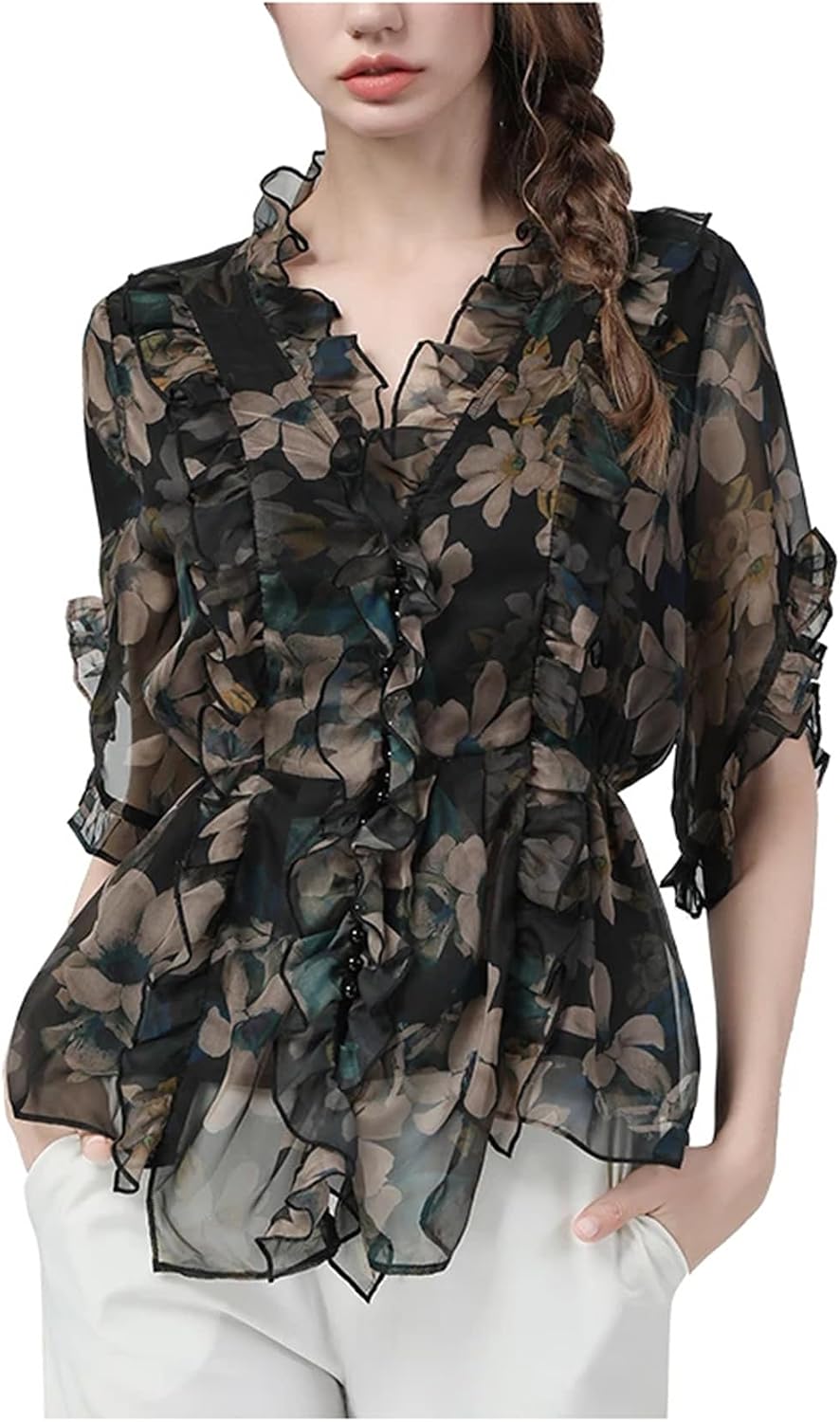 Generic Women Summer Flowers Printed Chiffon Button Down Shirt Irregular Ruffles Short Sleeve V-Neck Elastic Blouses