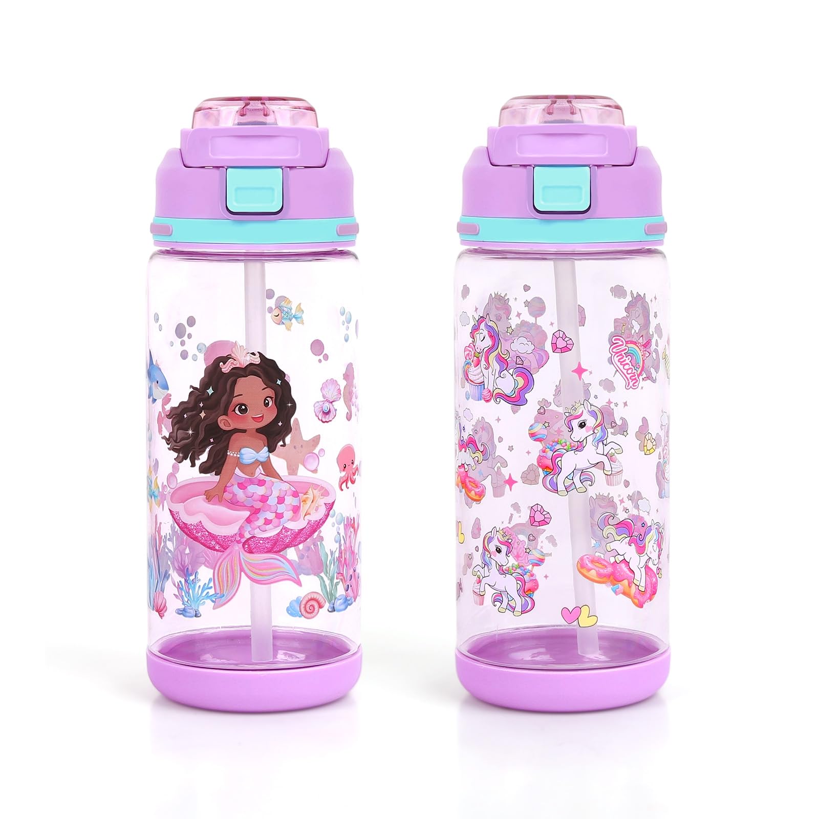 2 Stück Trinkflasche Kinder, 600ml Kindertrinkflasche Mit Trinkhalm, Sportwasserflasche zum Kindergarten Schule, Auslaufsicher Kinder-Wasserflaschen für Mädchen und Jungen(Meerjungfrau&Lila Einhorn)