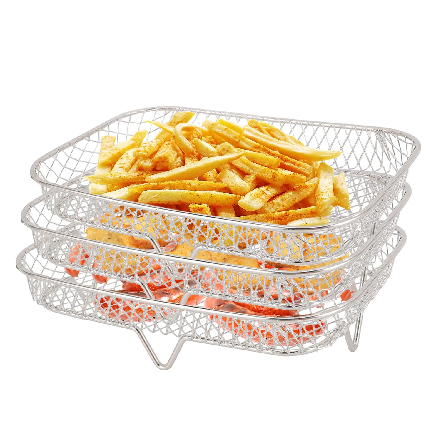 3 Pcs Air Fryer Racks Rectangular Stackable Stainless Steel Air Fryer Basket Tray Dehydrator Rack Fruit Meat Dehydrator