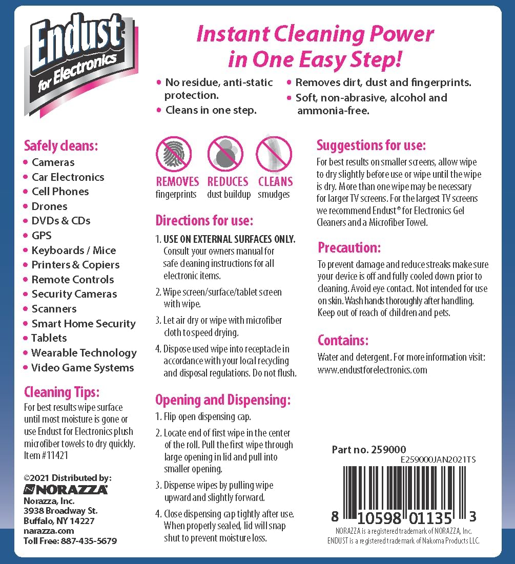 Endust For Electronics; Multi-Surface, Anti-Static, Electronics Cleaning Wipes; Alcohol & Ammonia Free; 12 Pack of 70 Wipes per Container (259000P12)