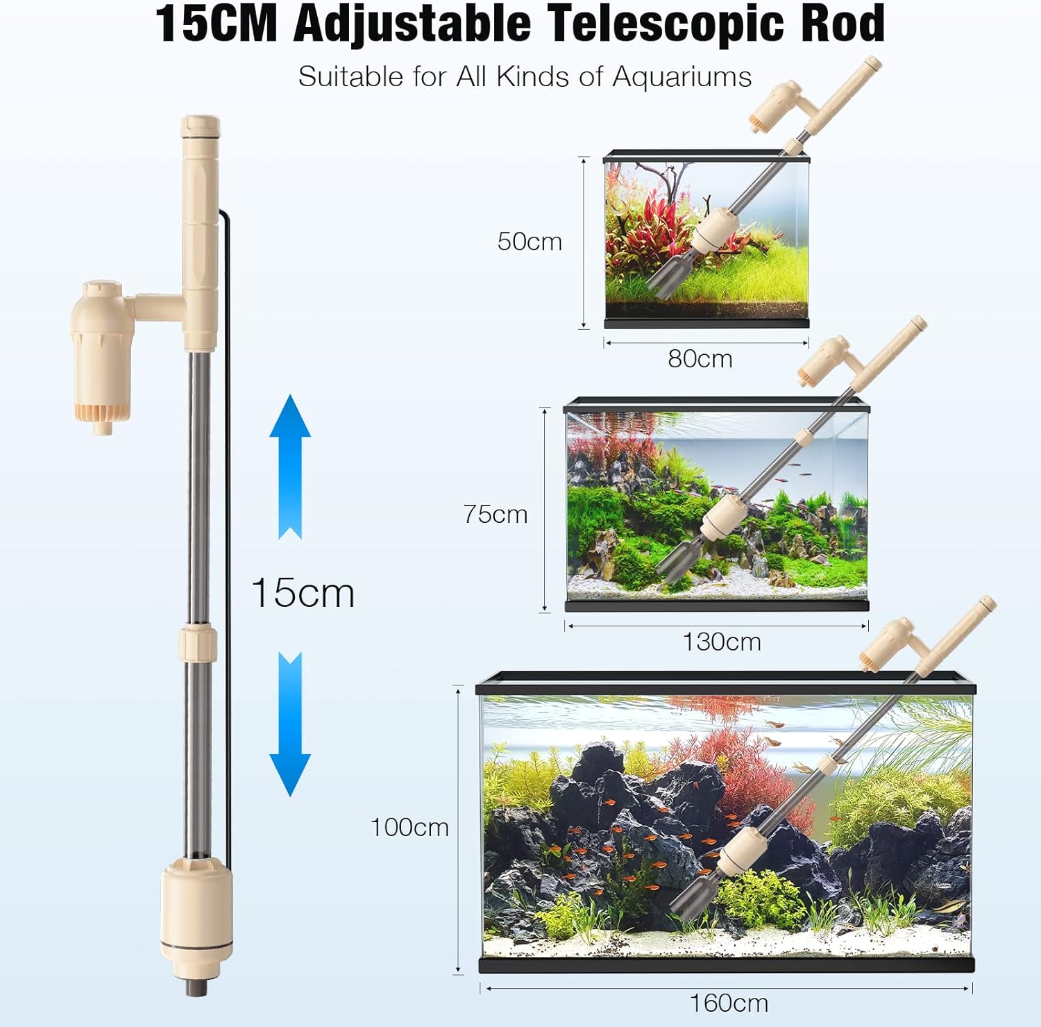 AKKEE Electric Aquarium Gravel Cleaner: 6 in 1 Automatic Fish Tank Gravel Vacuum Cleaner Set for Change Water Wash Sand Water Filter and Water Circulation, DC 12V, 18W, Beige : Pet Supplies