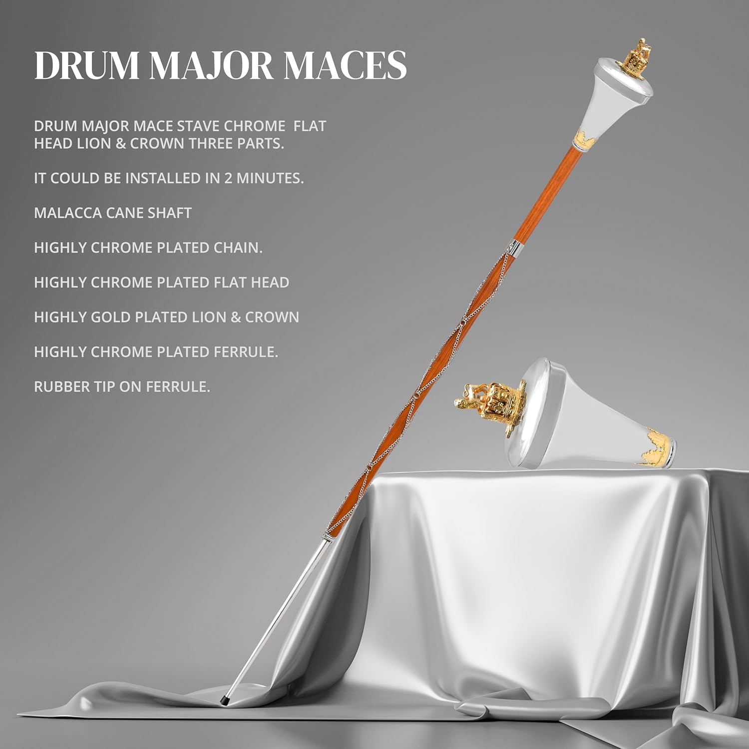 American Maces, Drum Major Maces Parade Stick Malacca Cane With Chain (Flat Head)