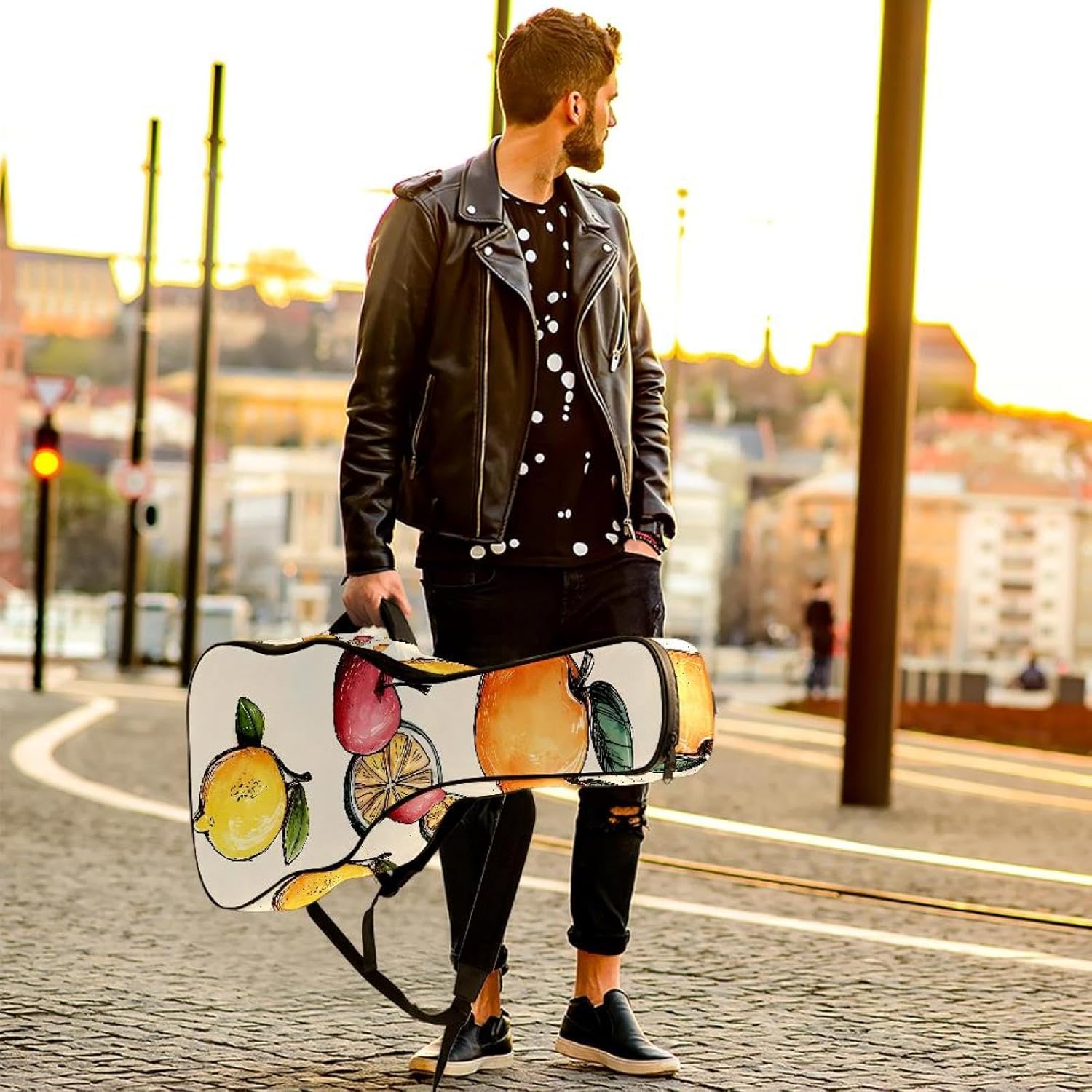 Set of Summer Fruits Cute Pattern Acoustic Guitar Gig Bag, 1 cm Thick Padding Waterproof Guitar Bag Backpack for 40 41 42 Inch Electric Bass Classical Guitars