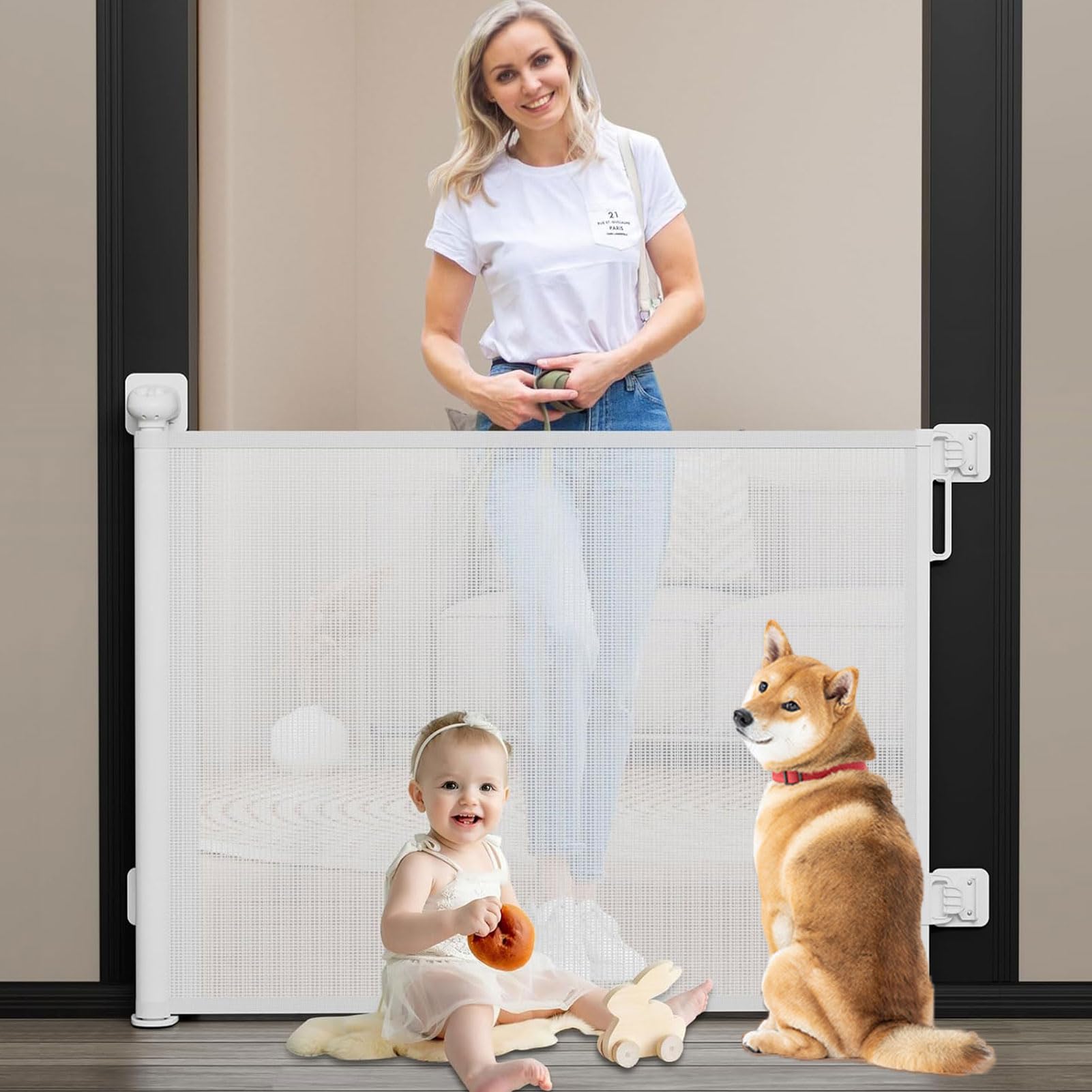 ROUNY Retractable Baby Gate, Mesh Baby Gate or Mesh Dog Gate, Extra Wide Child Safety Kids Gate 34" Tall, Extends to 55" Wide, Pet Dog Gate for Stairs Doorways Hallways Indoor Outdoor (White)