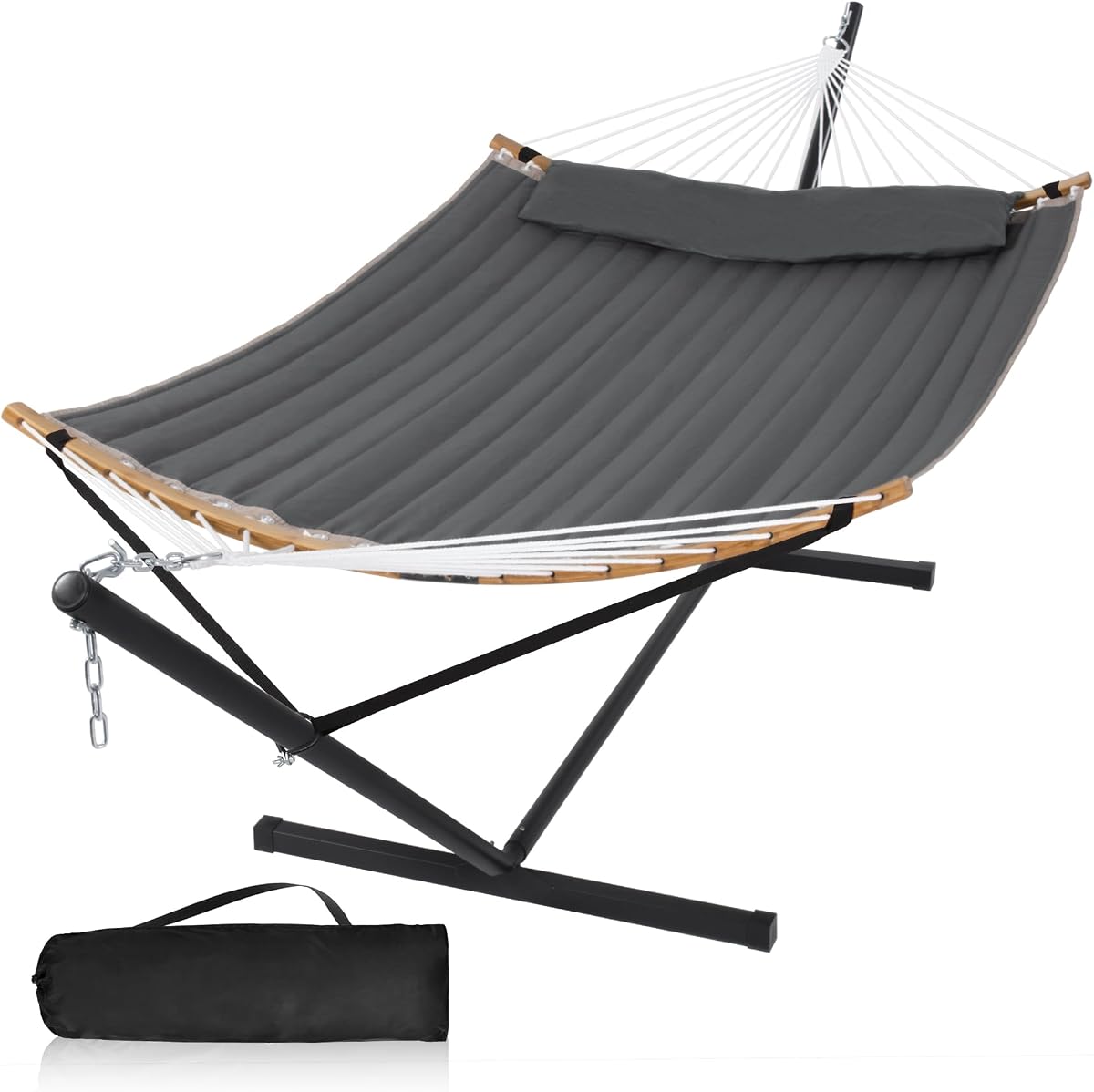 Heavy Duty Hammock with 12FT Stand, Double Hammock, Dark Gray | Large Hammock with Curved Spreader Bar, Pillow, Safety Ropes and Portable Carring Bag, Patio Hammock for Outside, Max 450 Lbs