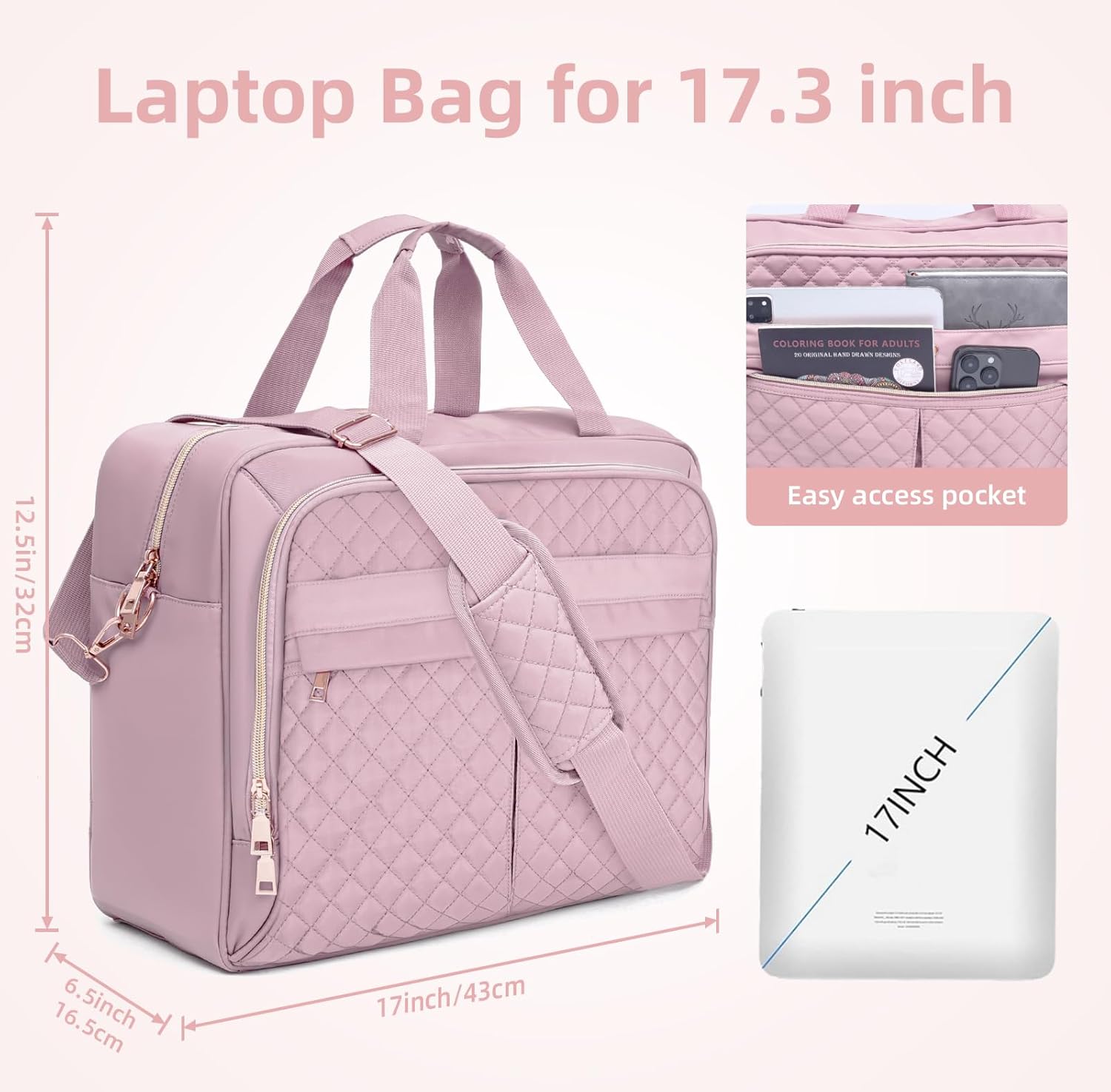 17.3 Inch Laptop Bag for Women, Large Waterproof Computer Bag, Messenger Work Briefcase Office Business Travel College | for 17.3 Inch Laptop, MultiPocket for work, Waterproof Shiny Bag, Pearlescent Durable - Image 3