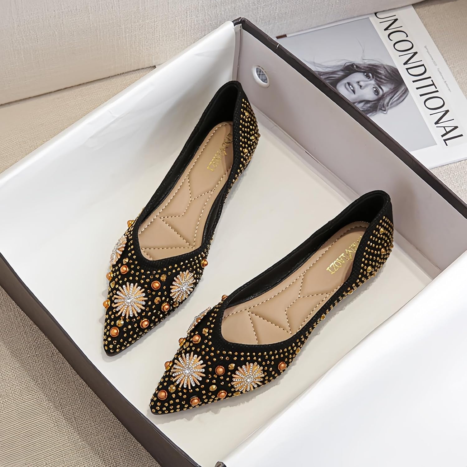 Women's Comfortable Flats Pointed Toe Sparkly Ballet Flats for Wedding Work Dance with Memory Foam Low Heel Dress Shoes