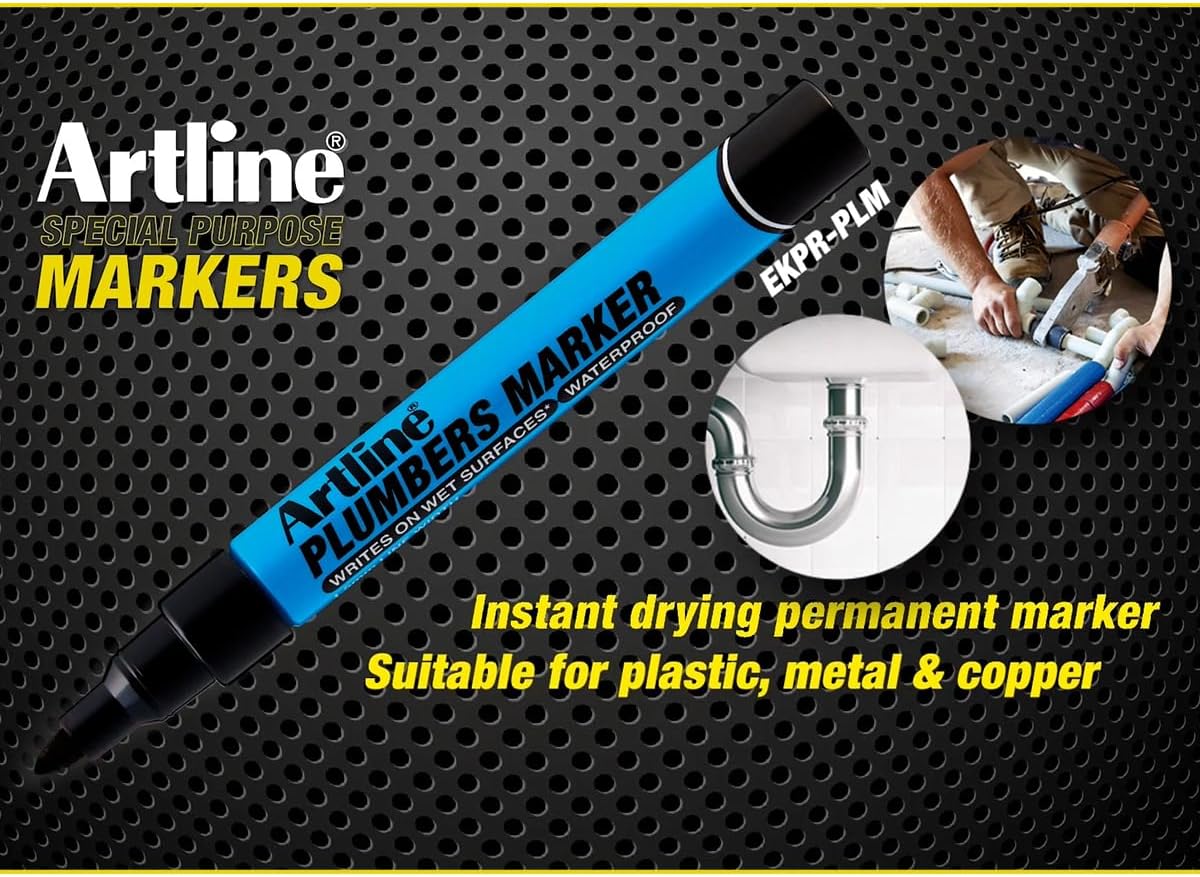 Artline Plumbers Permanent Markers, Professional Series, For Use On Wet Surfaces, Waterproof Construction Markers, 1.5mm Bullet Tip - Black, Pack of 12