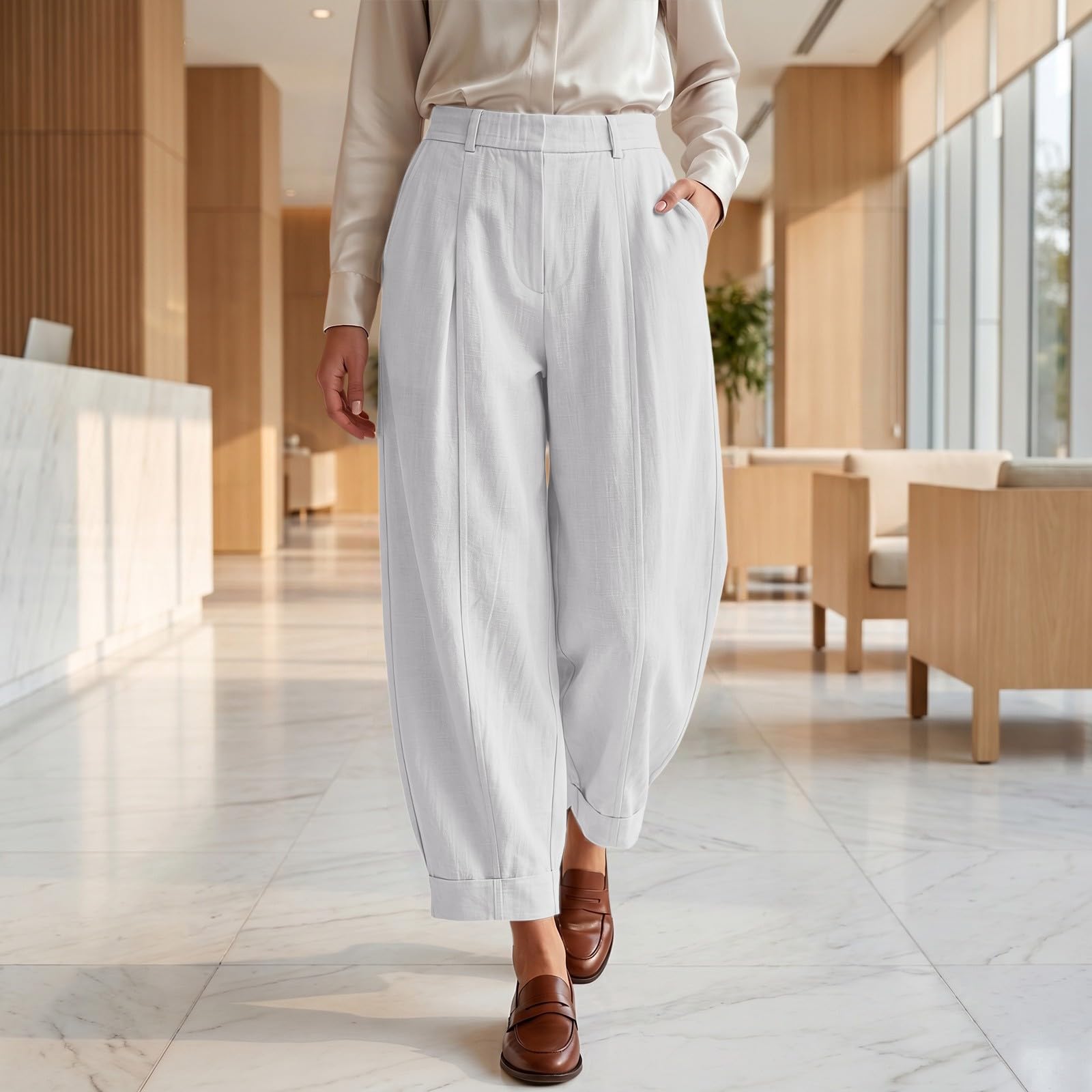 Leichte Hosen Damen Sommer Lang Hoher Breiter Elastikbund Sommerhose Palazzo Einfarbig Ballonhosen Leinenhose Luftiger Stoff Stoffhose Freizeithose Seitentaschen Für Outdoor Und Urlaub