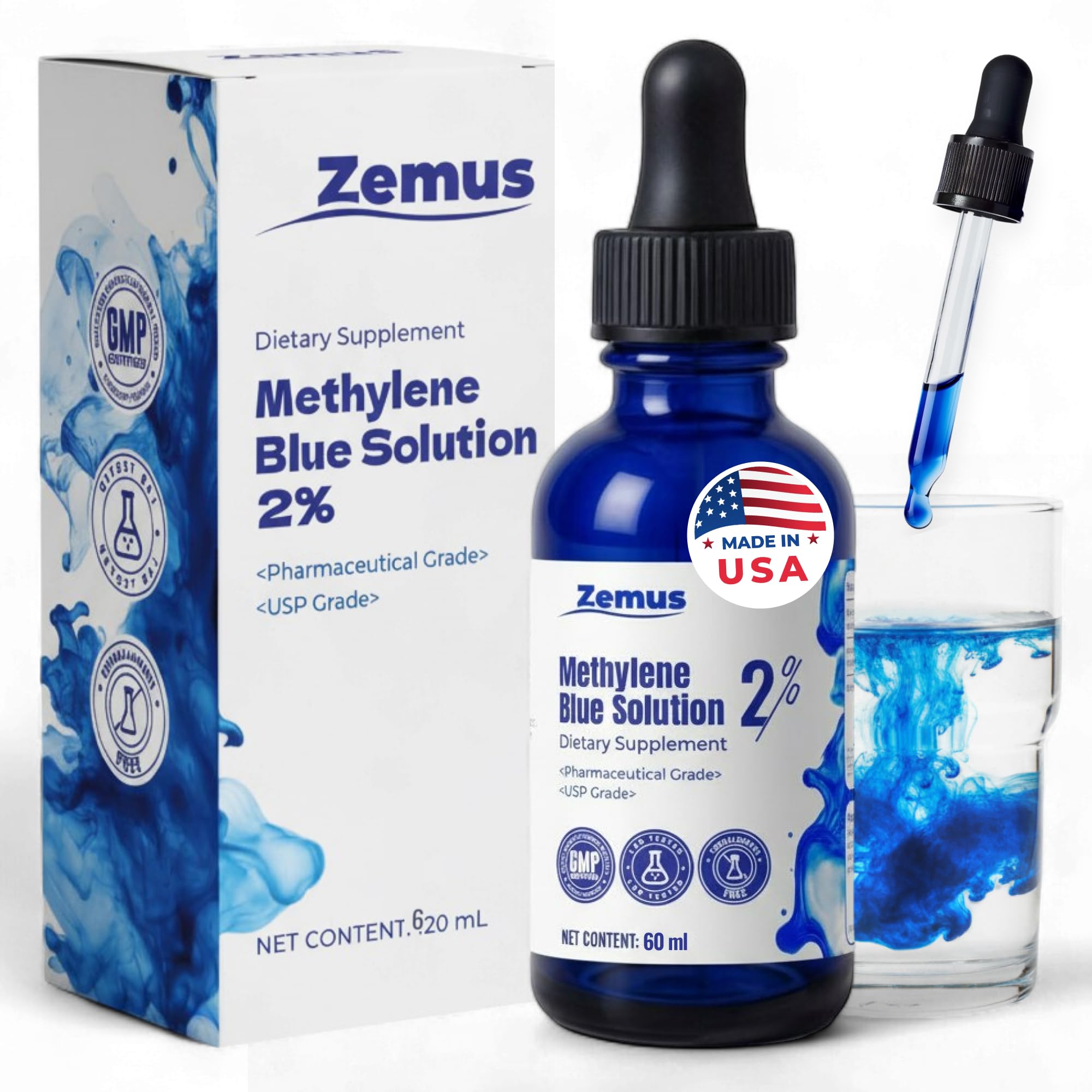 Methylene Blue Drops 2% - USP Grade Liquid Solution, Methylene Blue for Human Use, Lab Tested, Made in USA, Accurate Concentration & Longevity Mix Formula - 60 mL (2.03 fl oz)