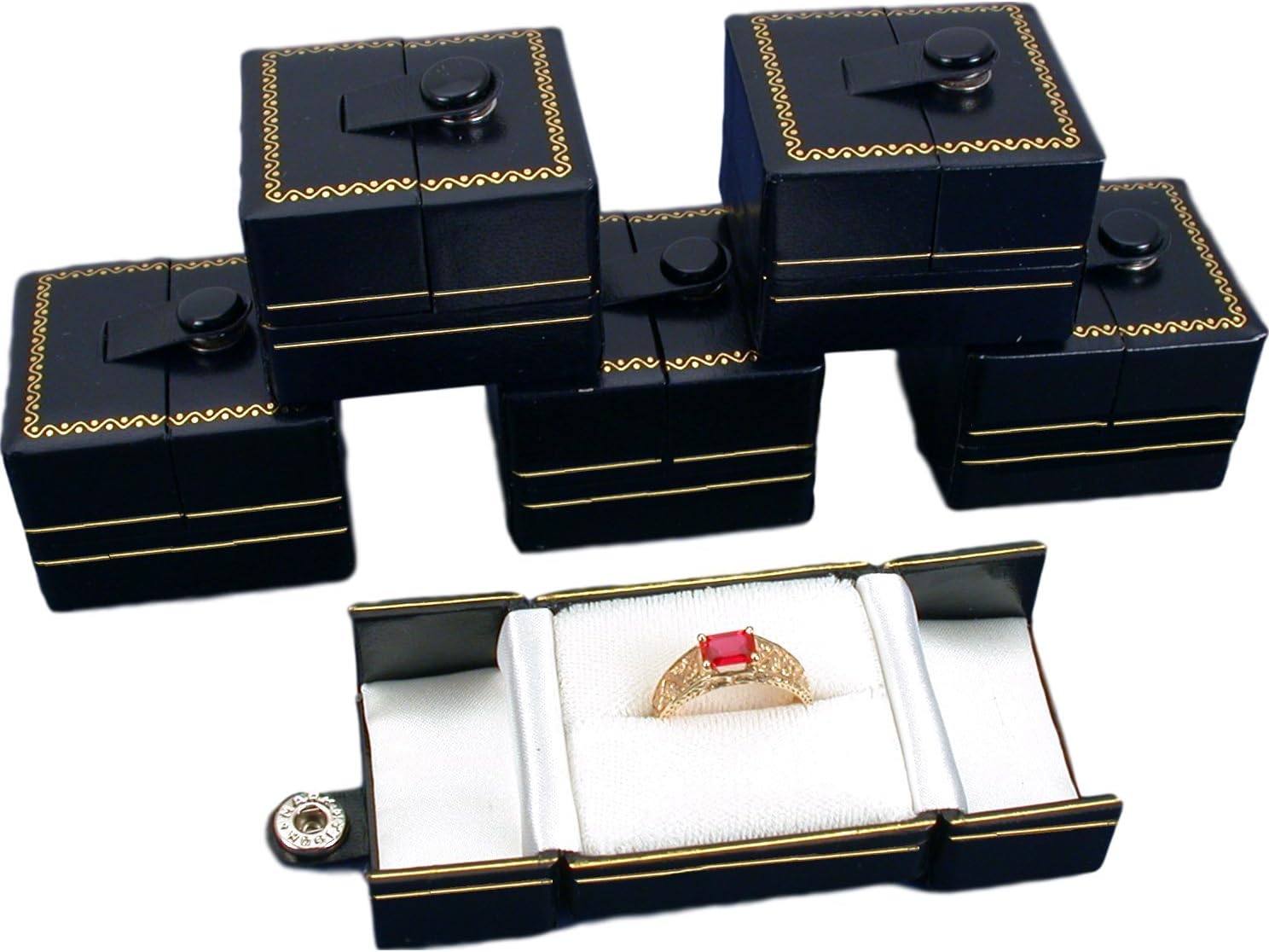 FindingKing 6 Black Leatherette Snap Closure Ring Boxes Displays