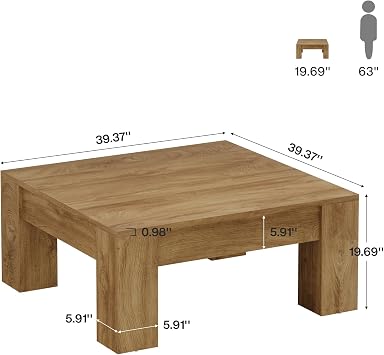 Tribesigns 39 Square Coffee Table for Living Room, Modern Farmhouse | Spacious Tabletop, Thick Stable Legs, Wood Grain Finish, Easy-Clean Surface